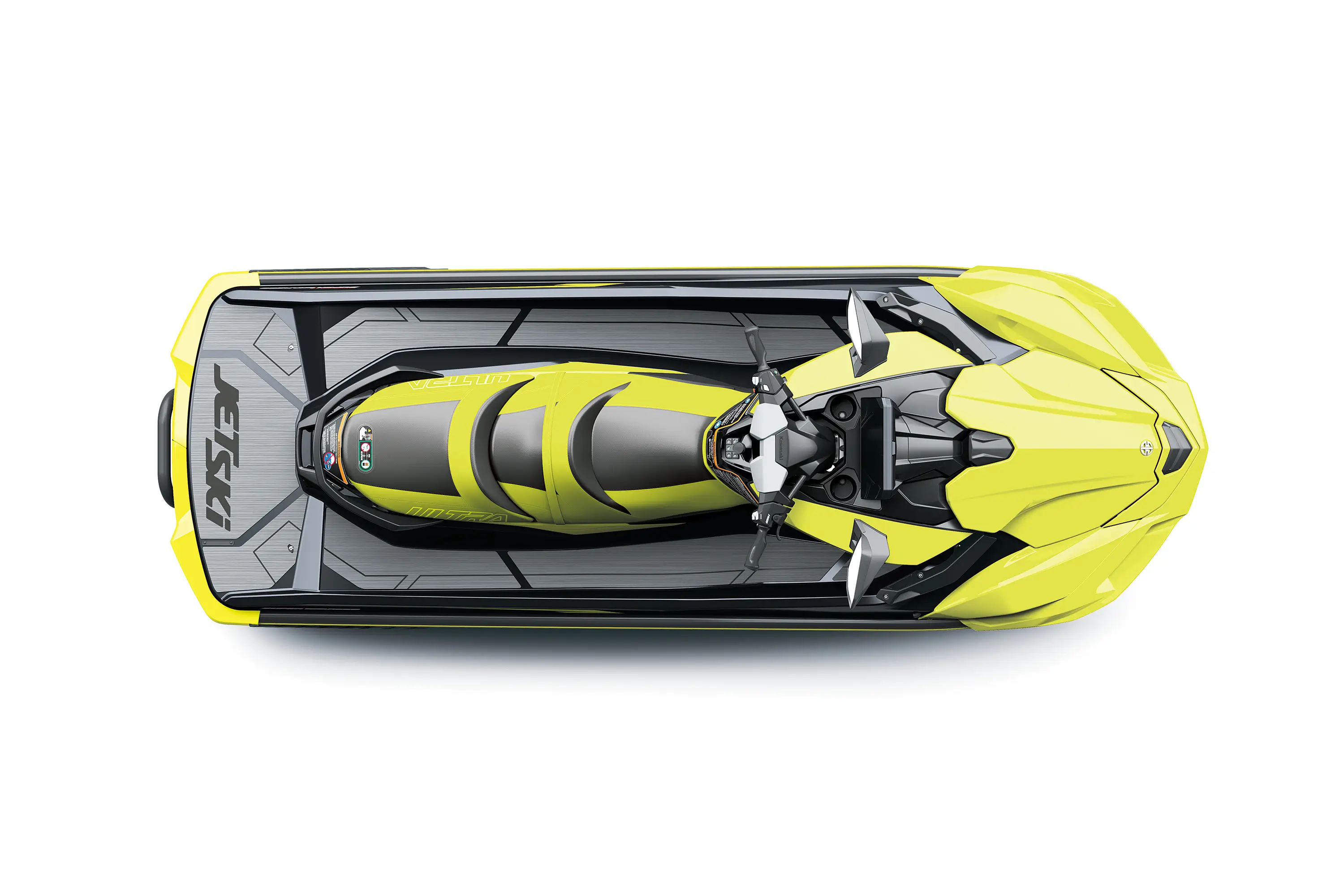 Overhead angle of a personal watercraft staged in a white studio background.