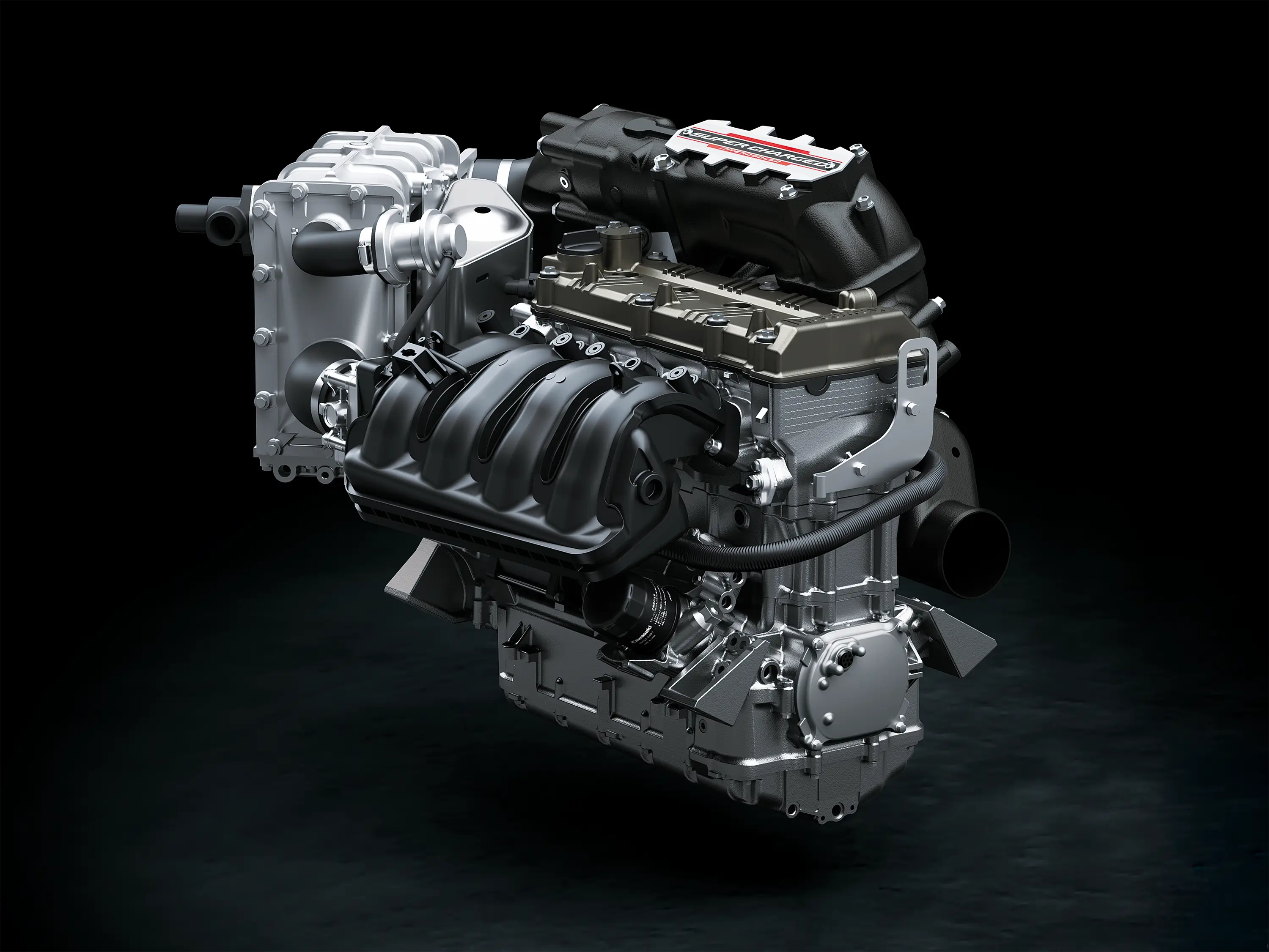 Engine of a personal watercraft staged in a black studio background.