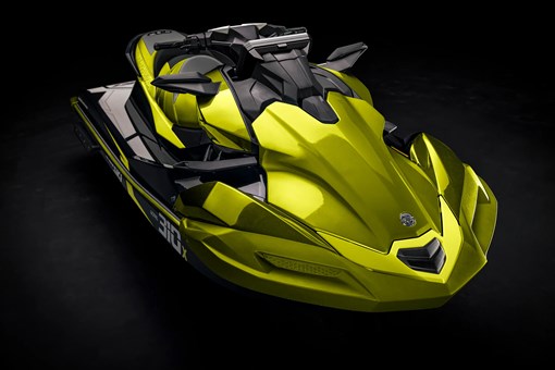 Overhead three-quarter front angle of a personal watercraft staged in a black studio background. opens in a new window