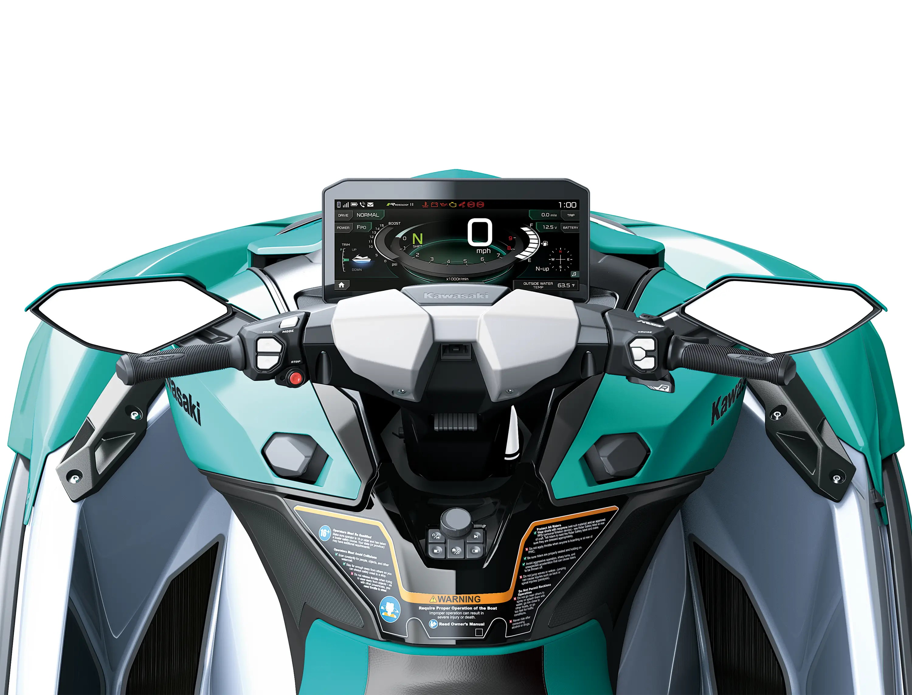 Rider POV of a personal watercraft staged in a white studio background.