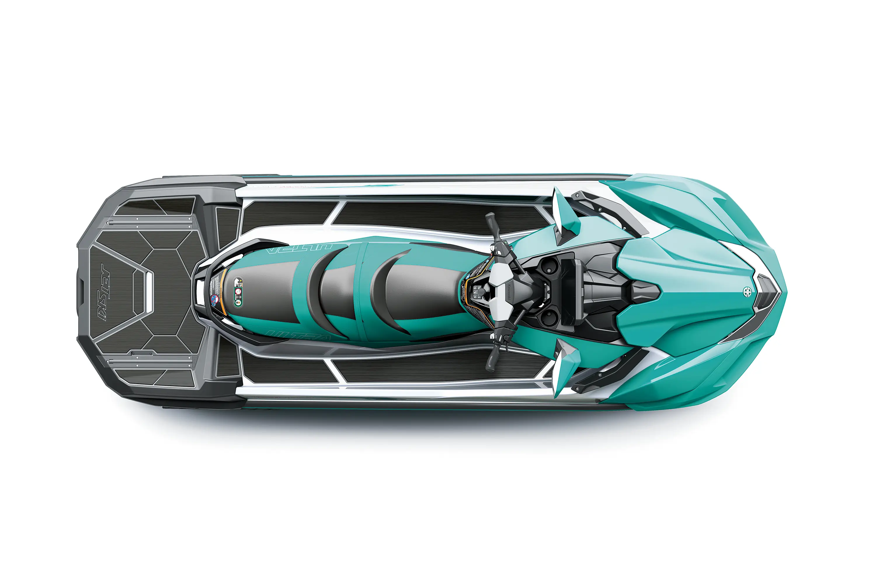 Overhead angle of a personal watercraft staged in a white studio background.