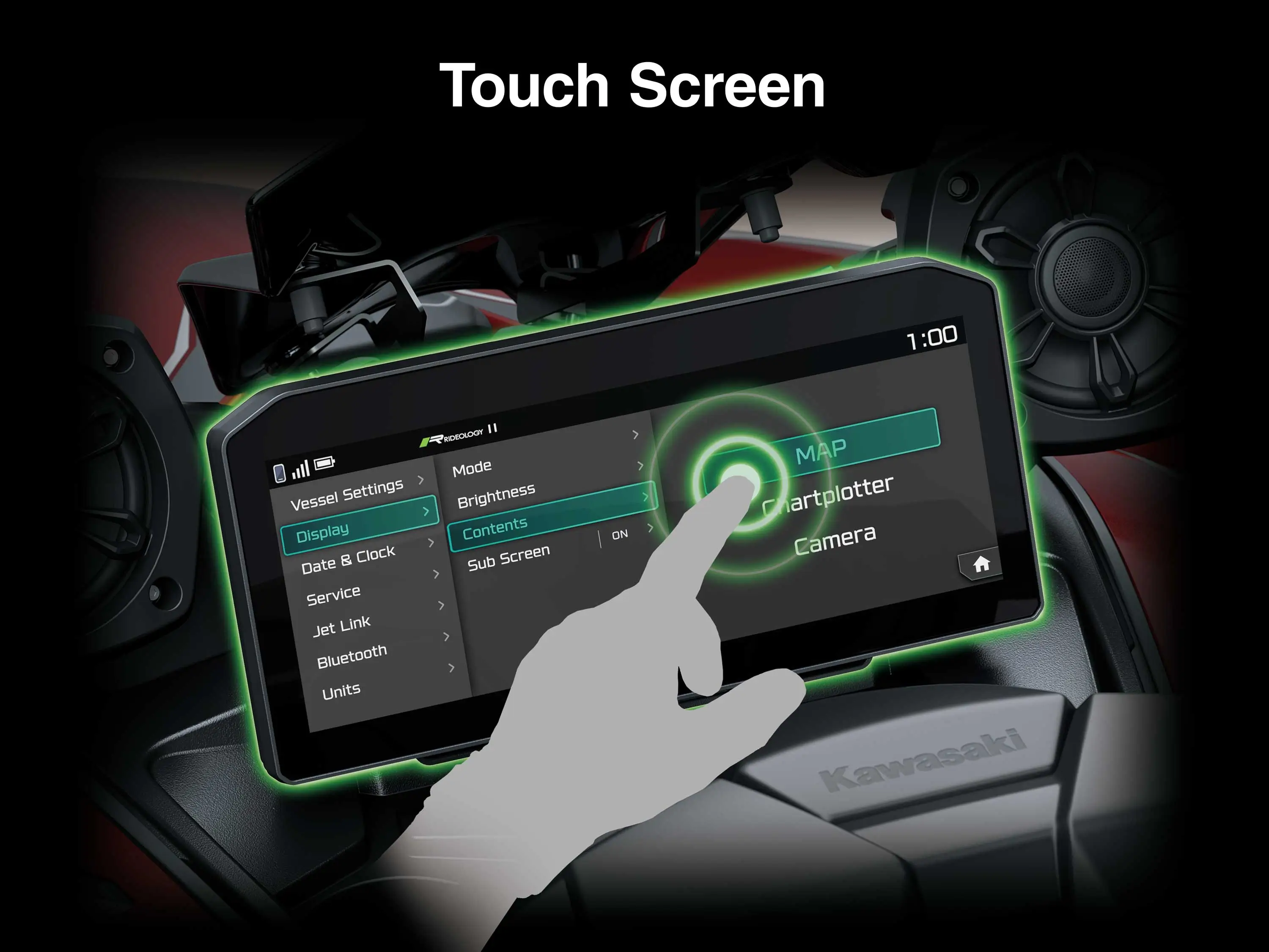 Graphic treatment of personal watercraft touch screen.