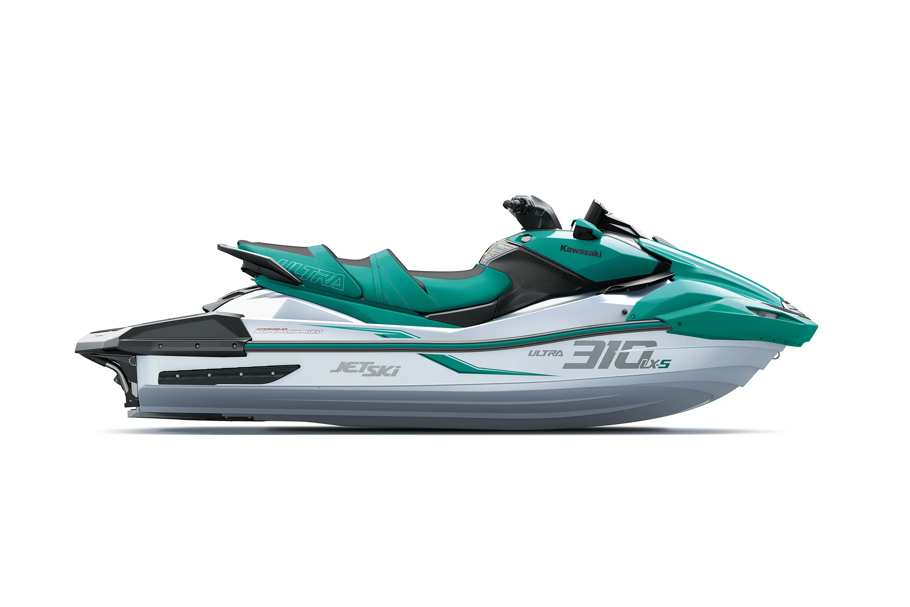 Side angle of a personal watercraft staged in a white studio background.