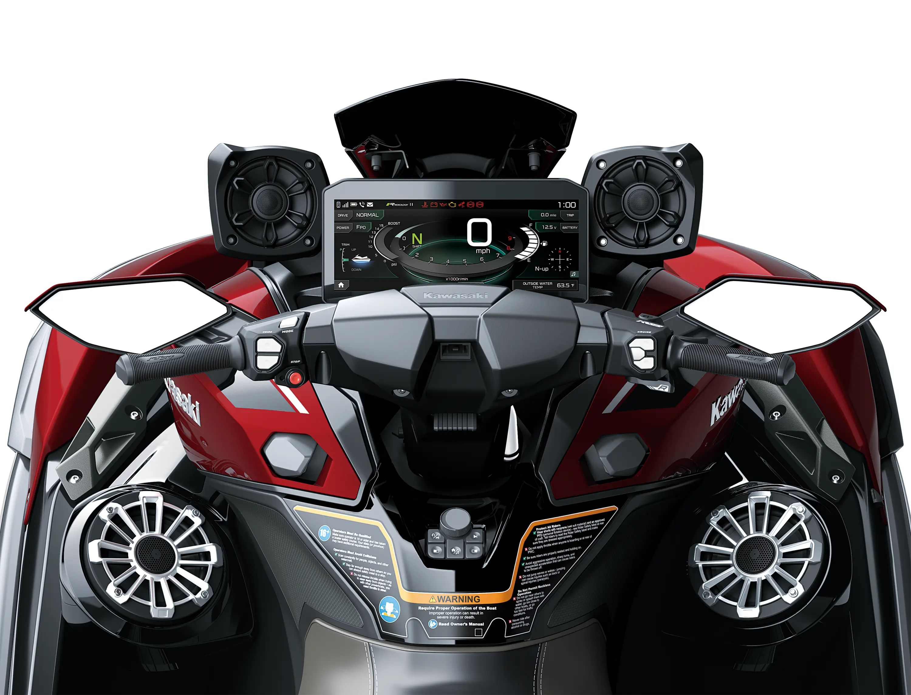 Rider POV of a personal watercraft staged in a black studio background.