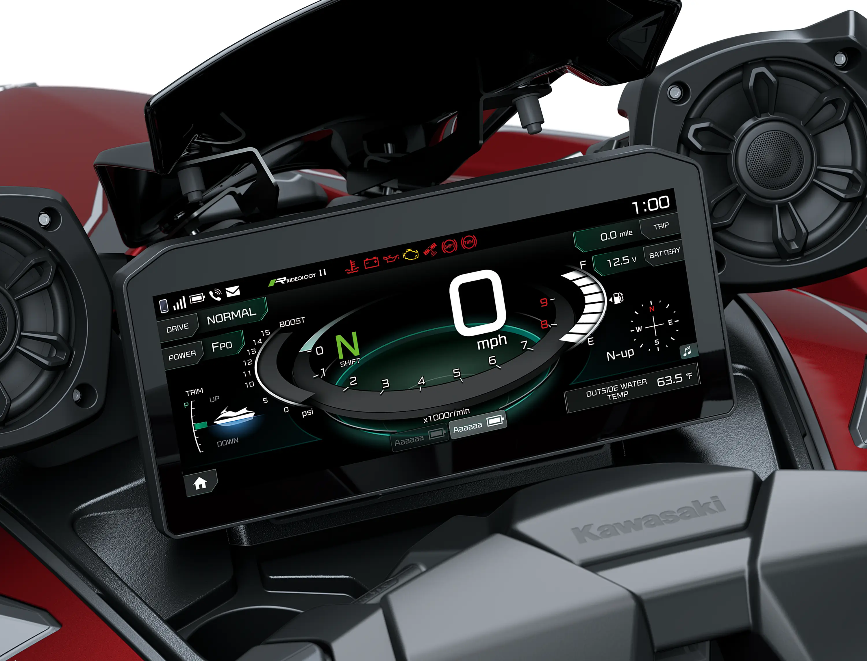 TFT screen of a personal watercraft staged in a black studio background.