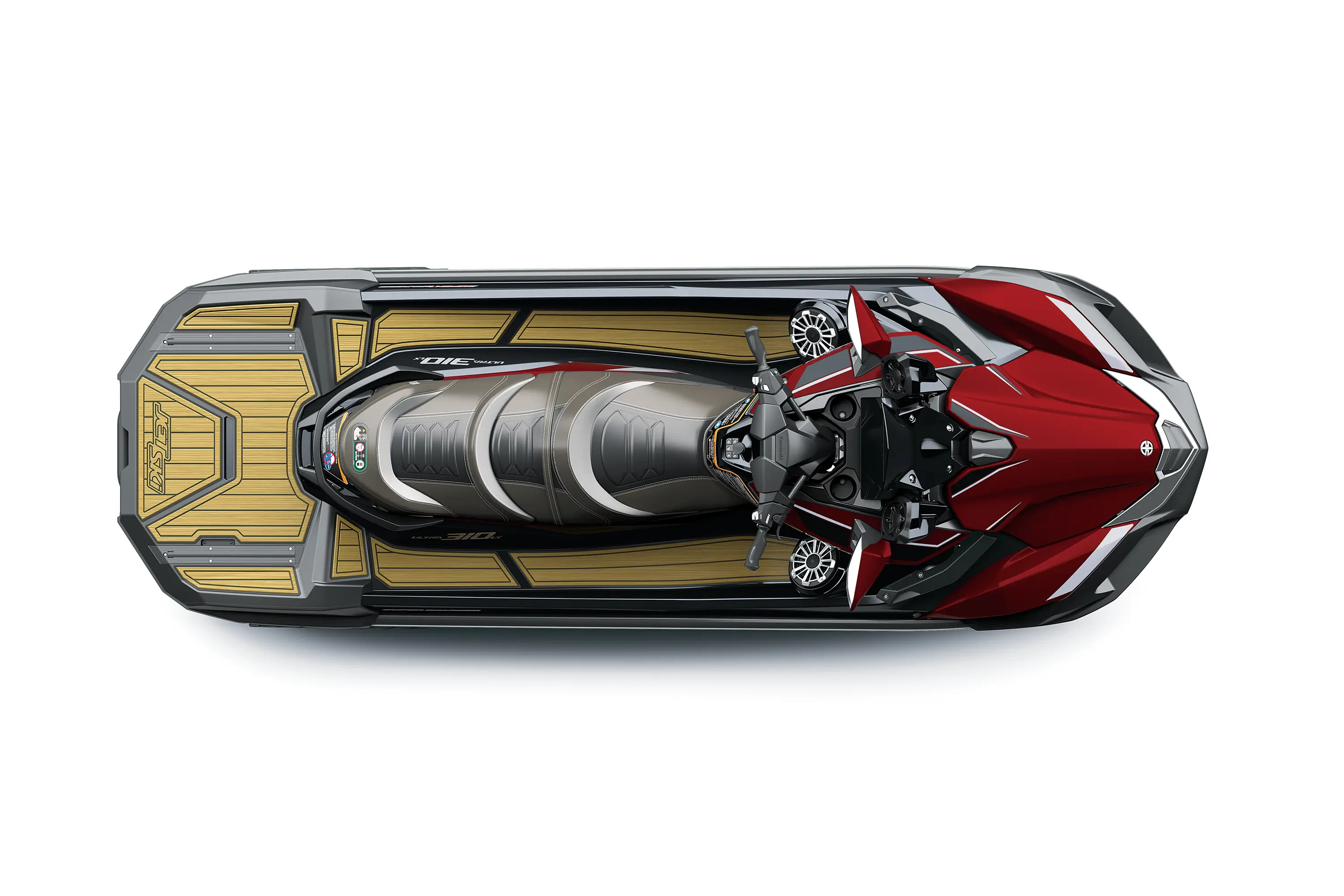 Overhead angle of a personal watercraft staged in a white studio background.