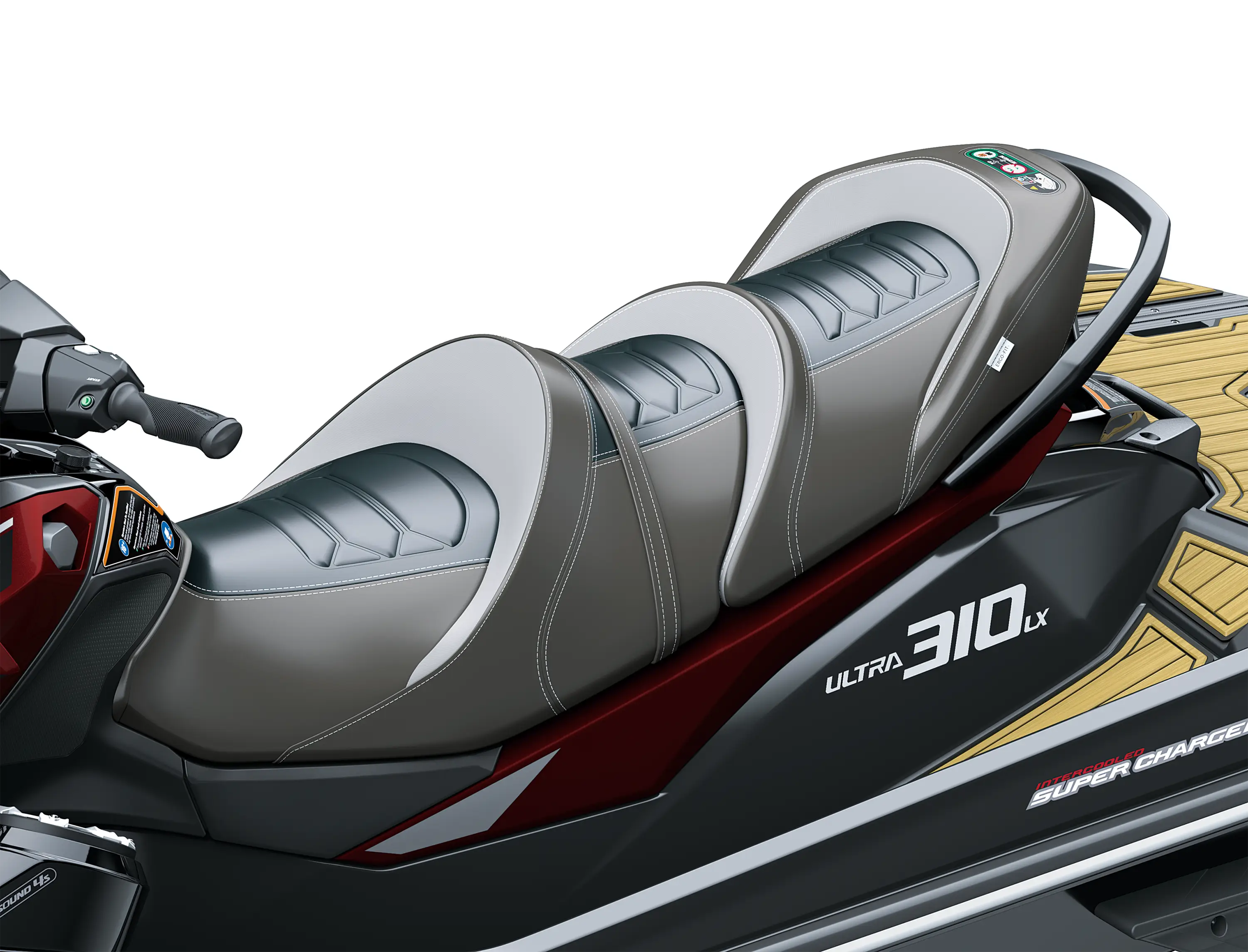 Seat of a personal watercraft staged in a black studio background.