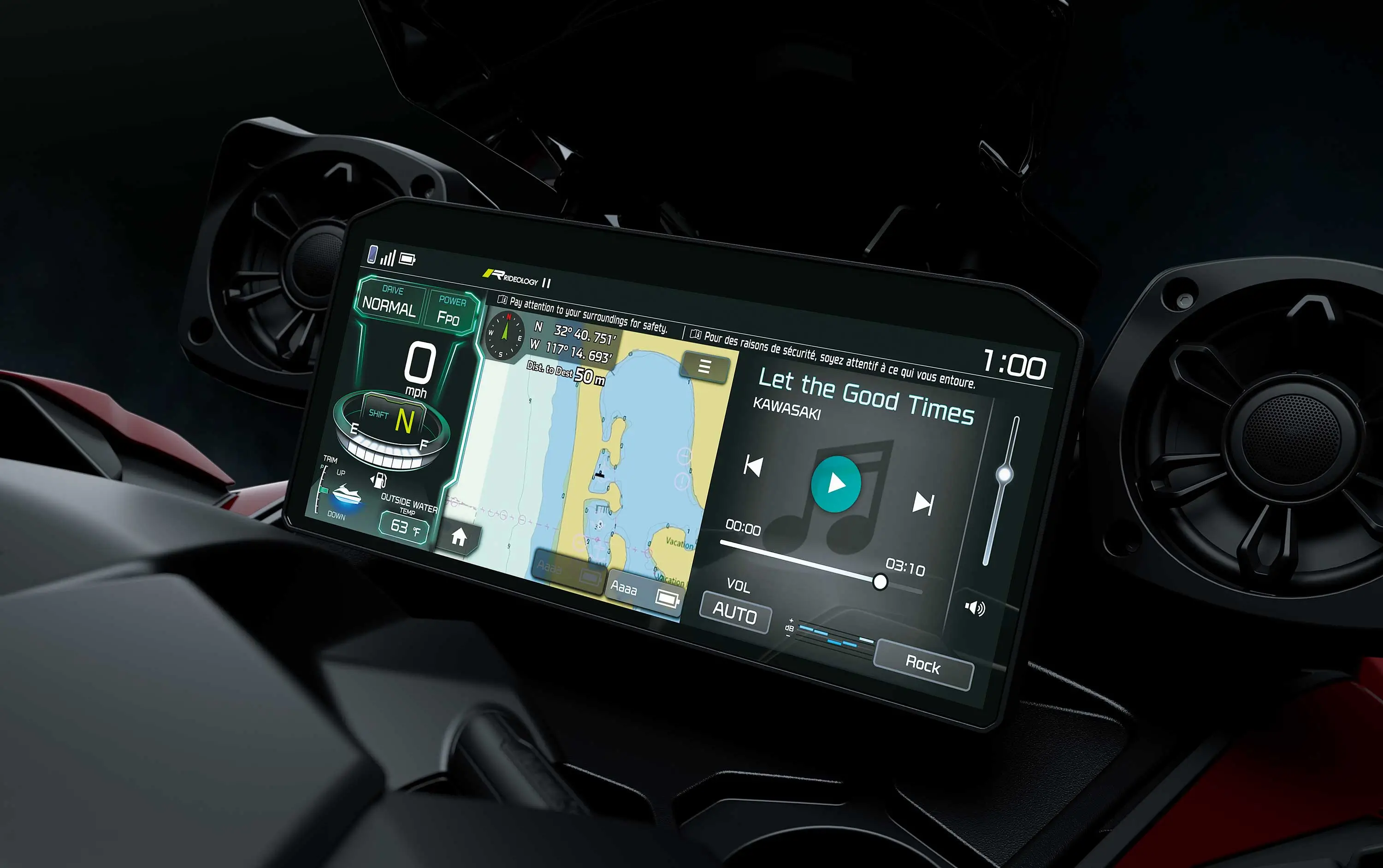 Navigation screen of a personal watercraft staged in a black studio background.