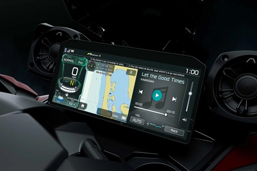 Navigation screen of a personal watercraft staged in a black studio background. opens in a new window