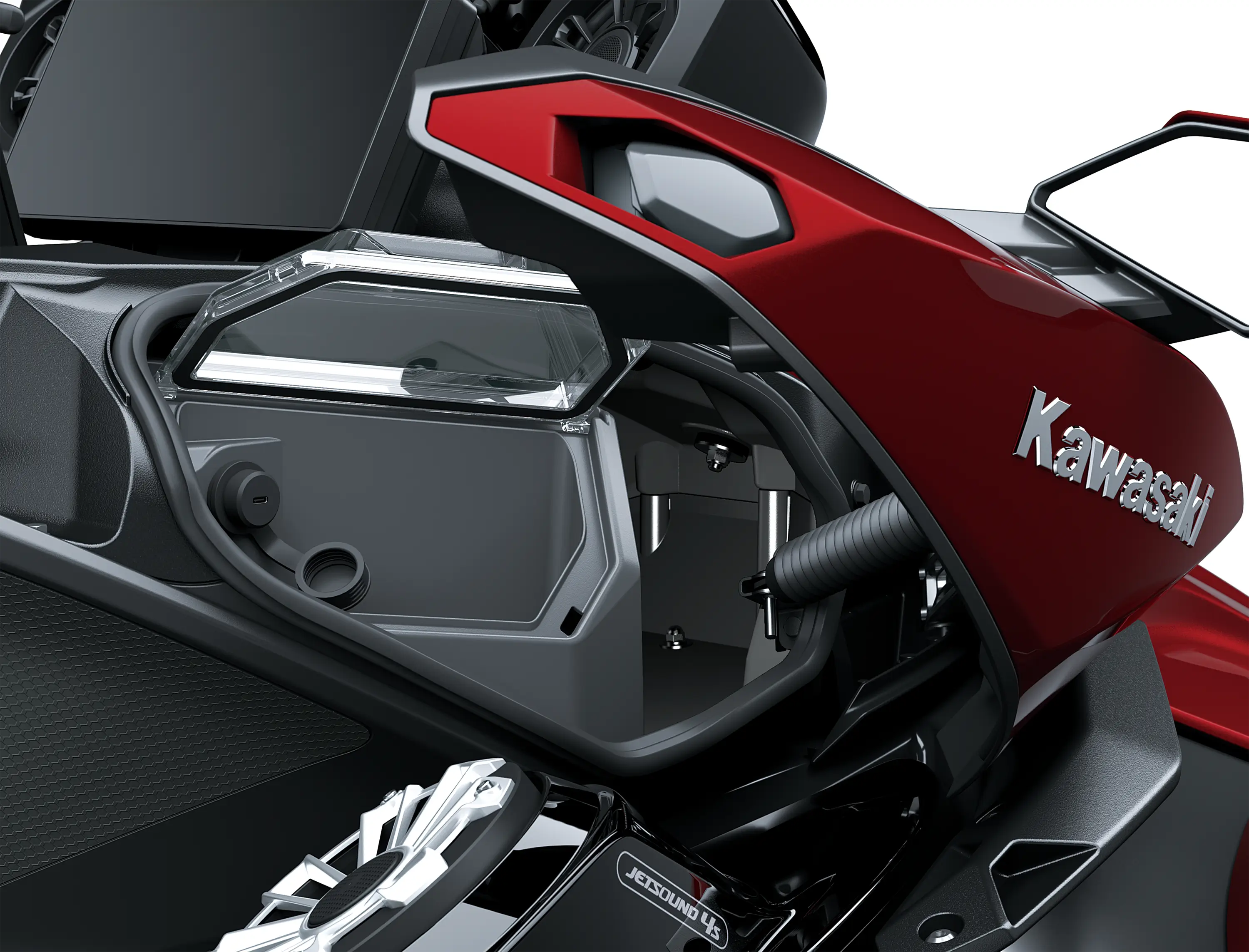 Detail of a personal watercraft staged in a black studio background.
