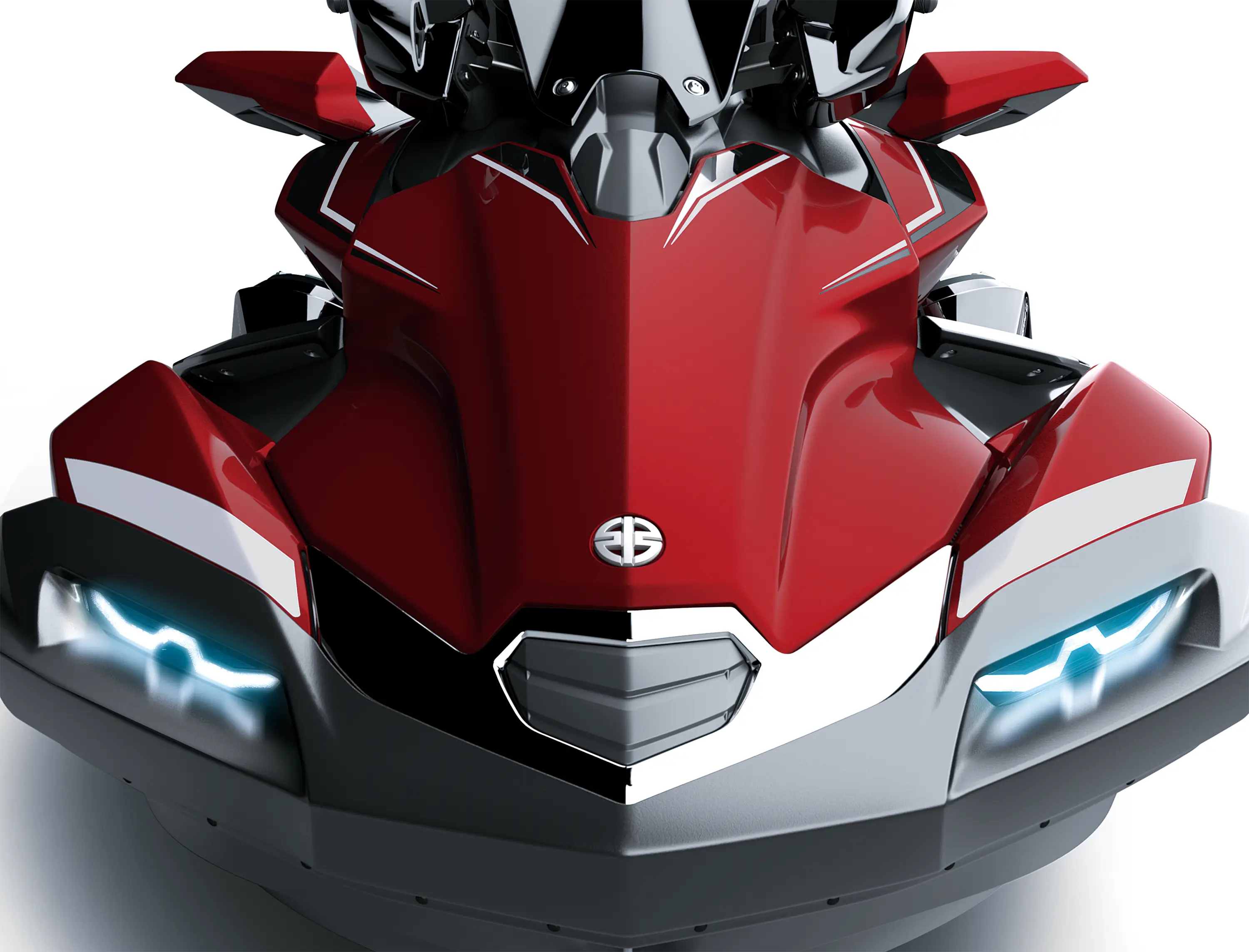Close-up on the nose of a personal watercraft staged in a white studio background.