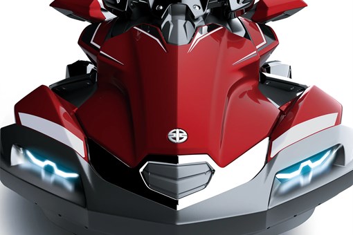 Close-up on the nose of a personal watercraft staged in a white studio background. opens in a new window