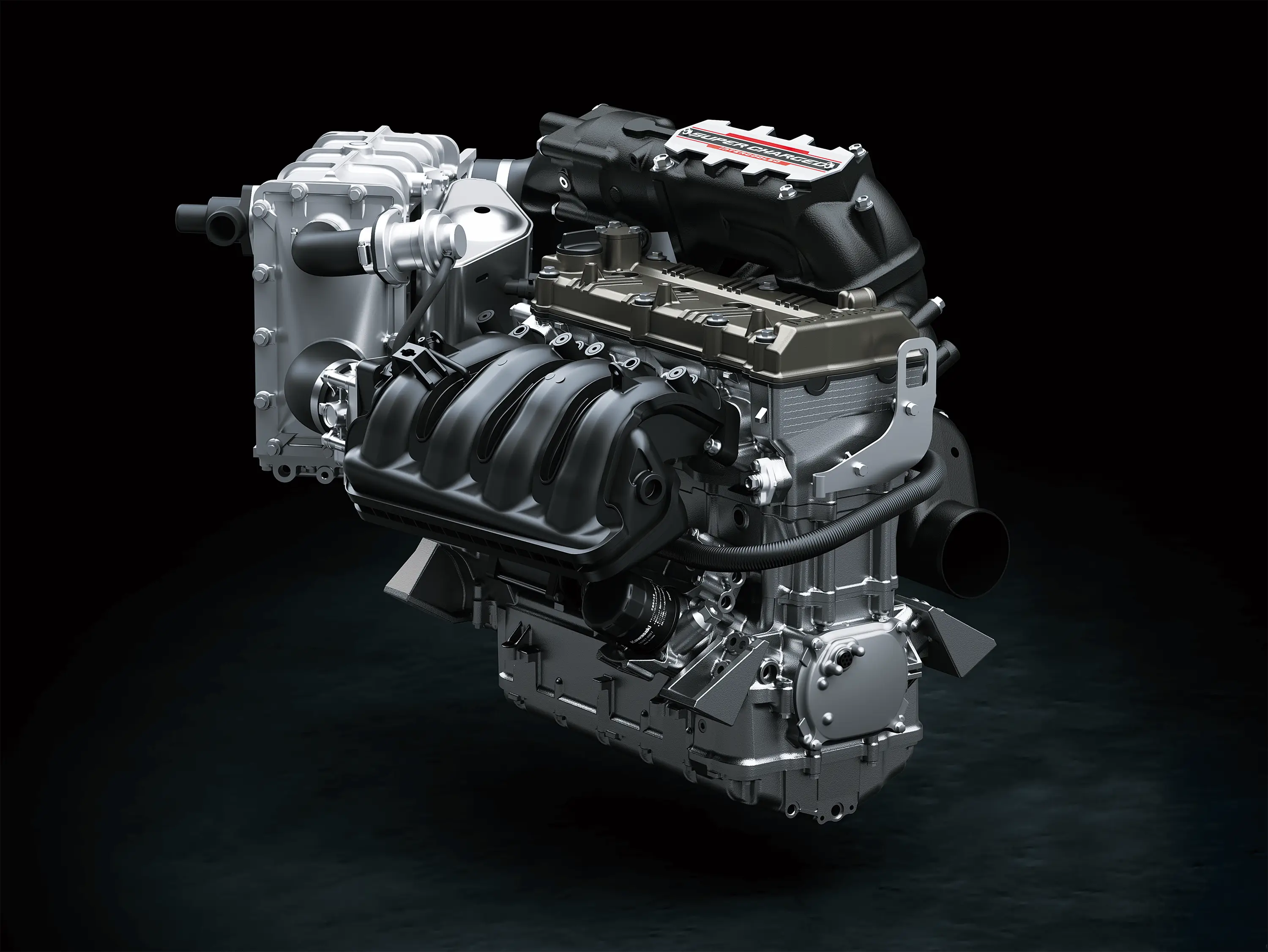 Watercraft engine in a black studio background.