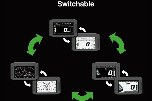 Graphic treatment of personal watercraft switchable screens. opens in a new window
