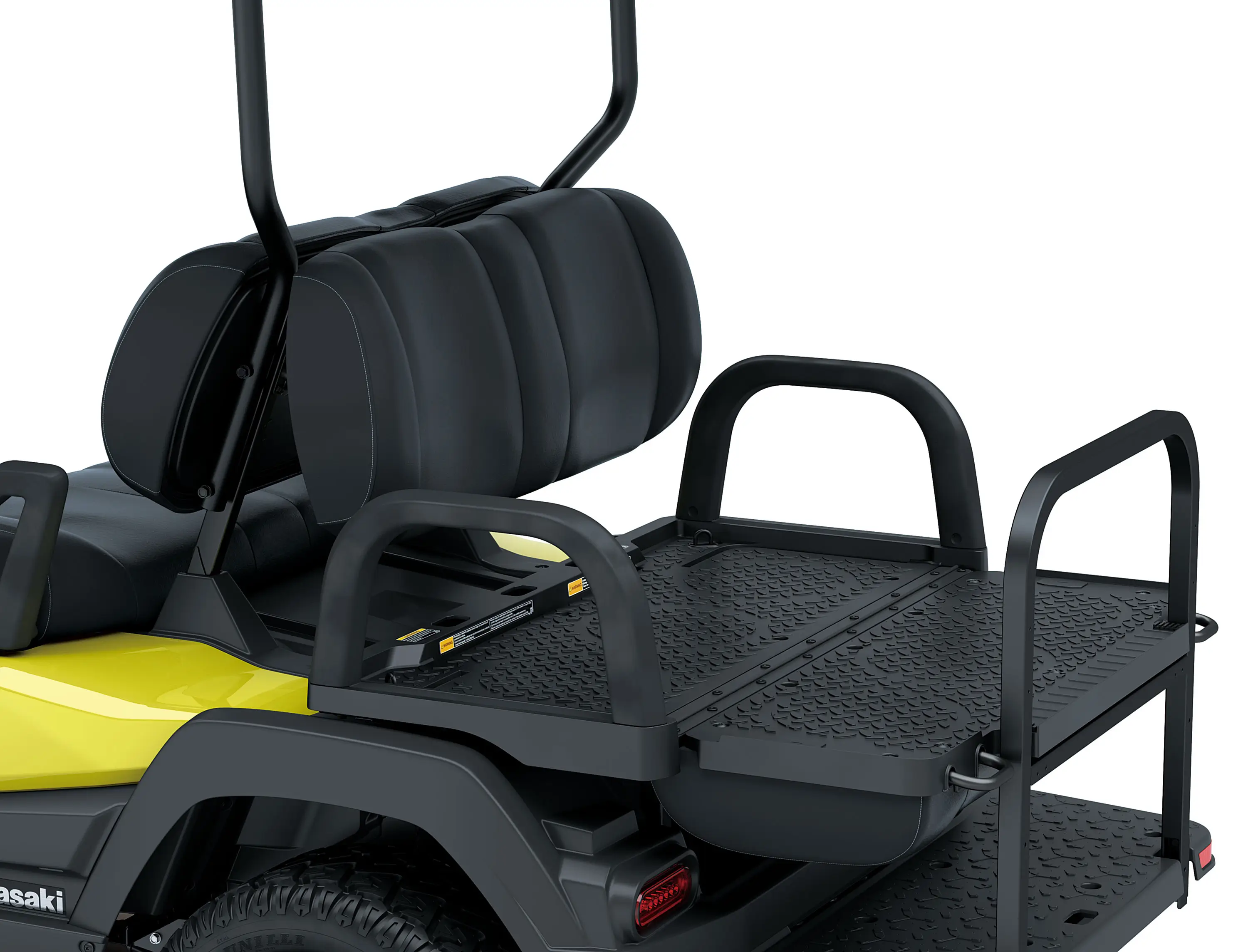 Rear seats fold flat of a Neighborhood Activity Vehicle in a white studio background.