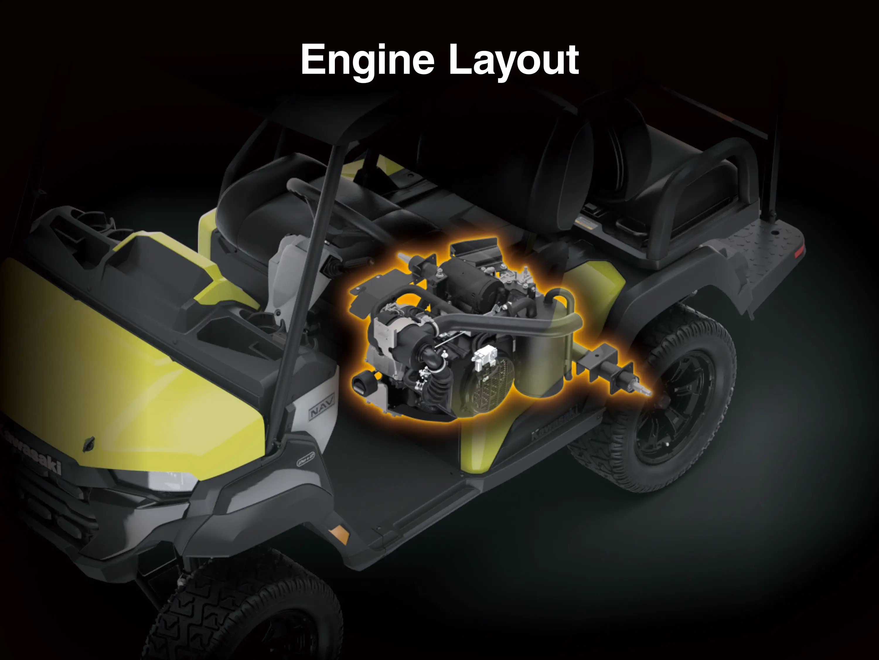 Graphic treatment showing the engine layout of a Neighborhood Activity Vehicle.