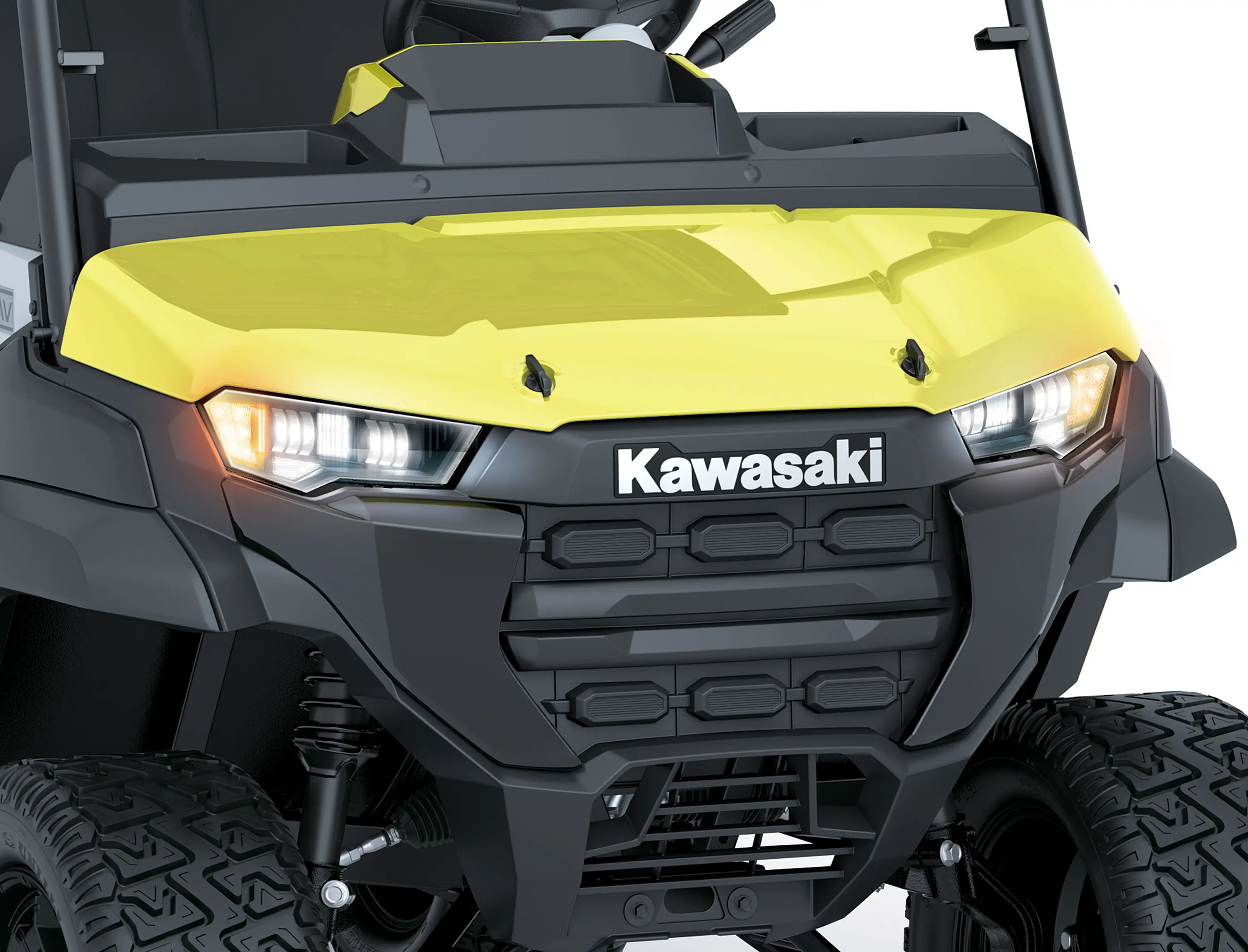 Close-up of Neighborhood Activity Vehicle front end in a white studio background.