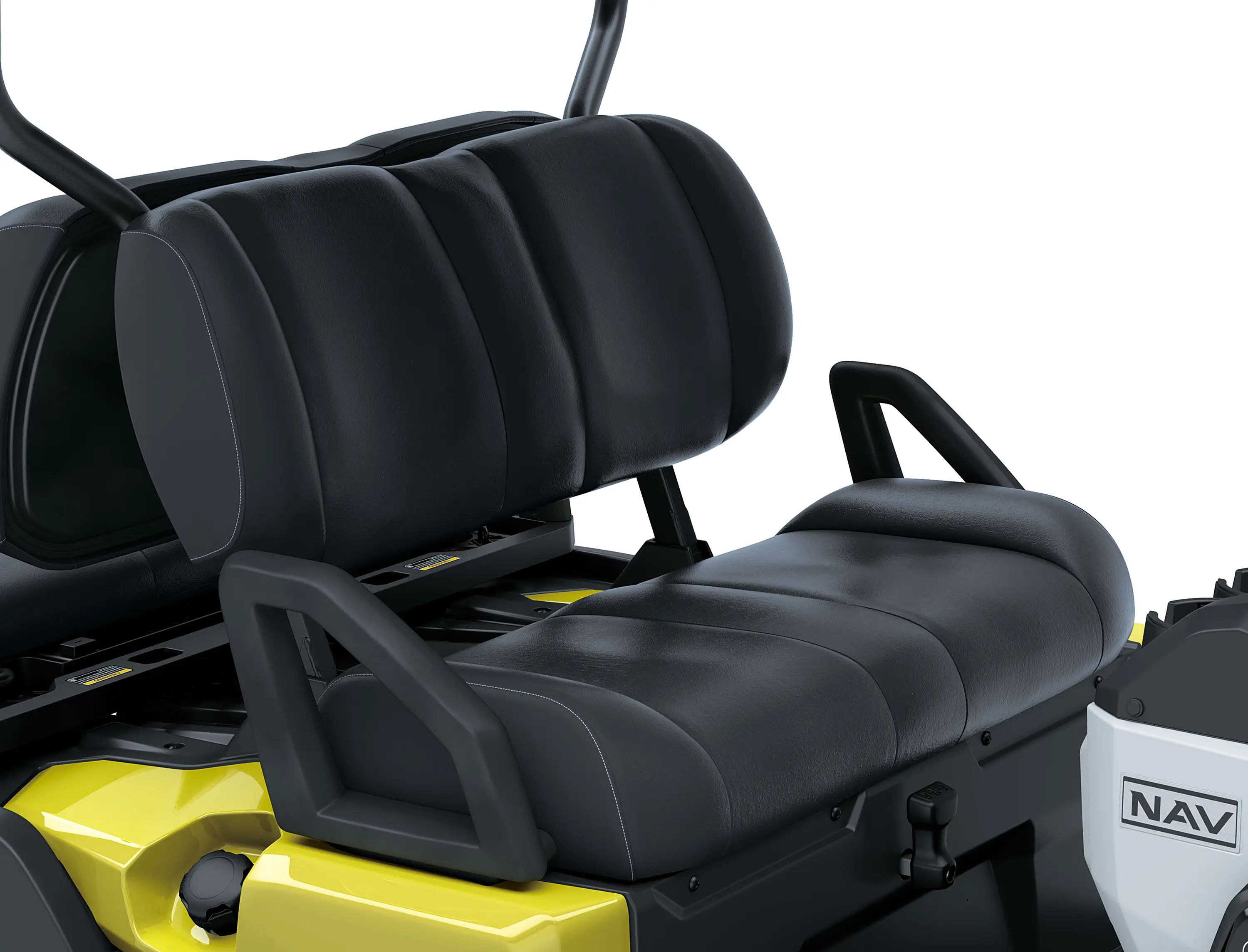 Front seats of a Neighborhood Activity Vehicle in a white studio background.