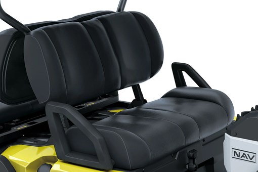 Front seats of a Neighborhood Activity Vehicle in a white studio background. opens in a new window