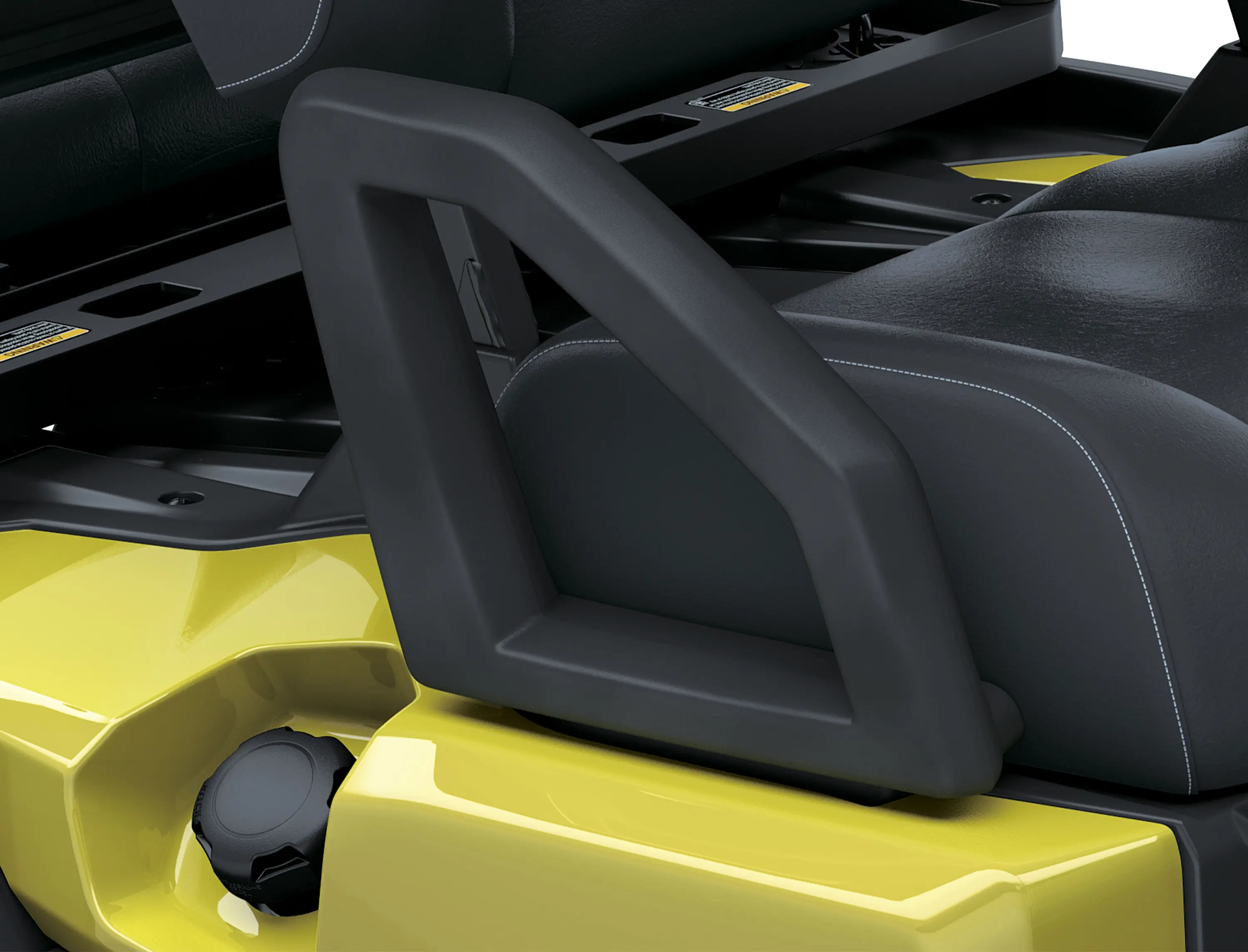 Front seat grab bar of a Neighborhood Activity Vehicle in a white studio background.