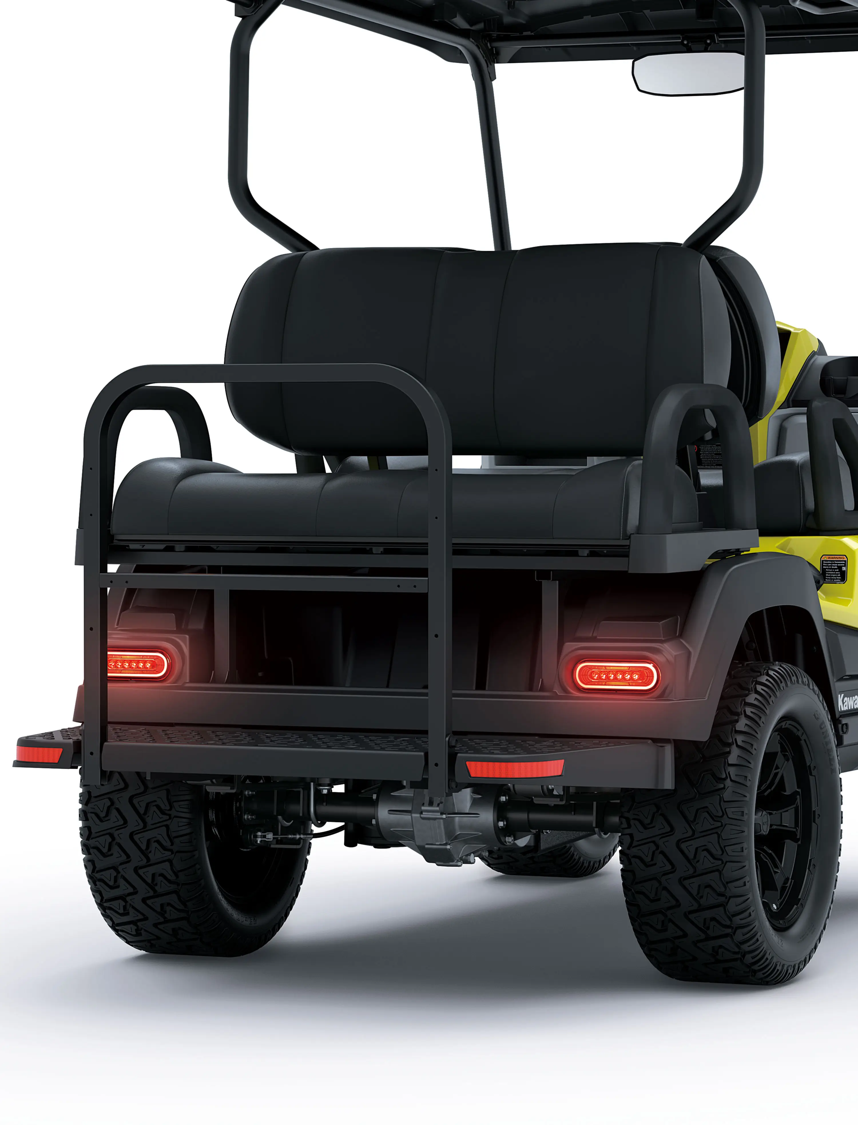 Rear end of a Neighborhood Activity Vehicle in a white studio background.