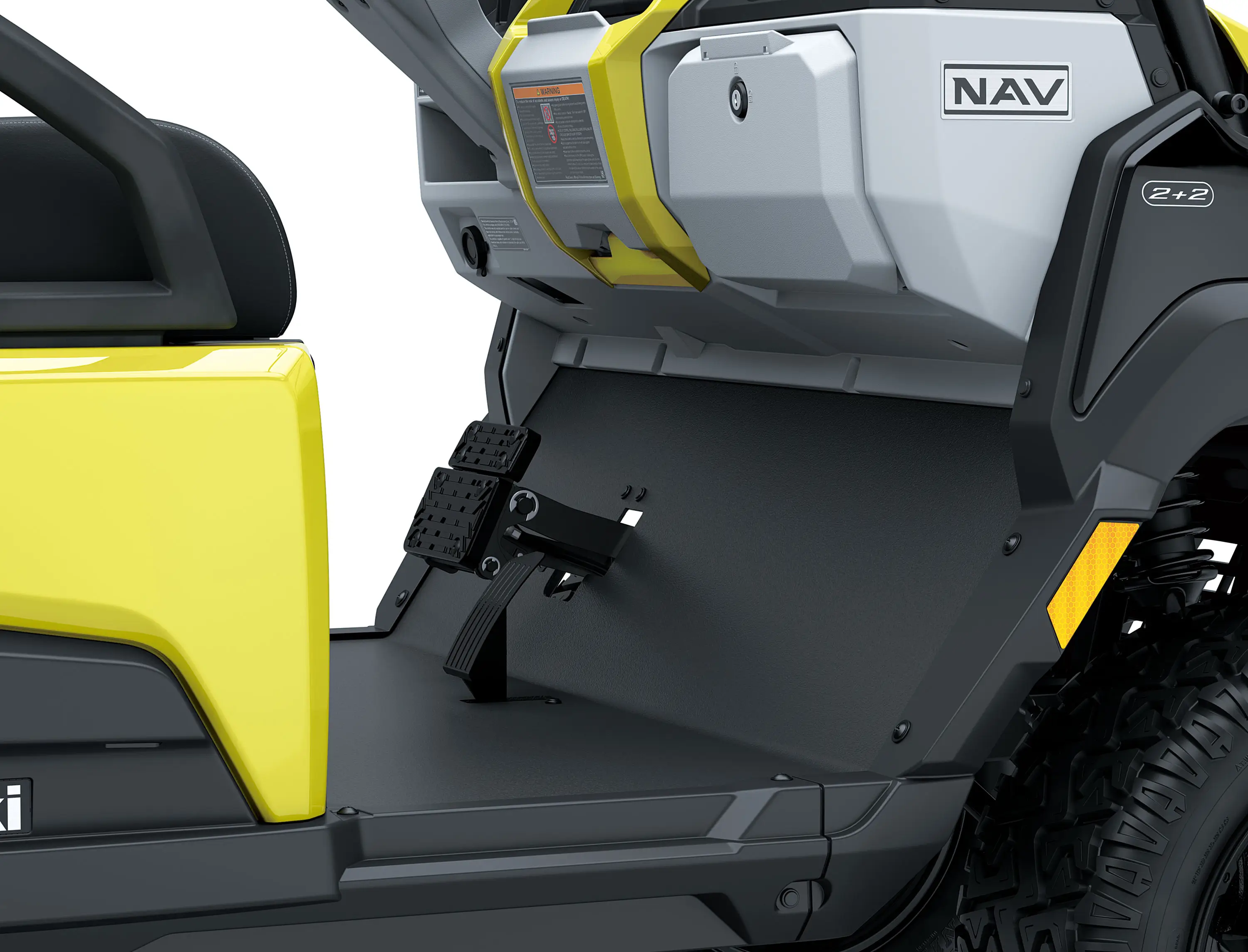 Front footwell in a Neighborhood Activity Vehicle in a white studio background.