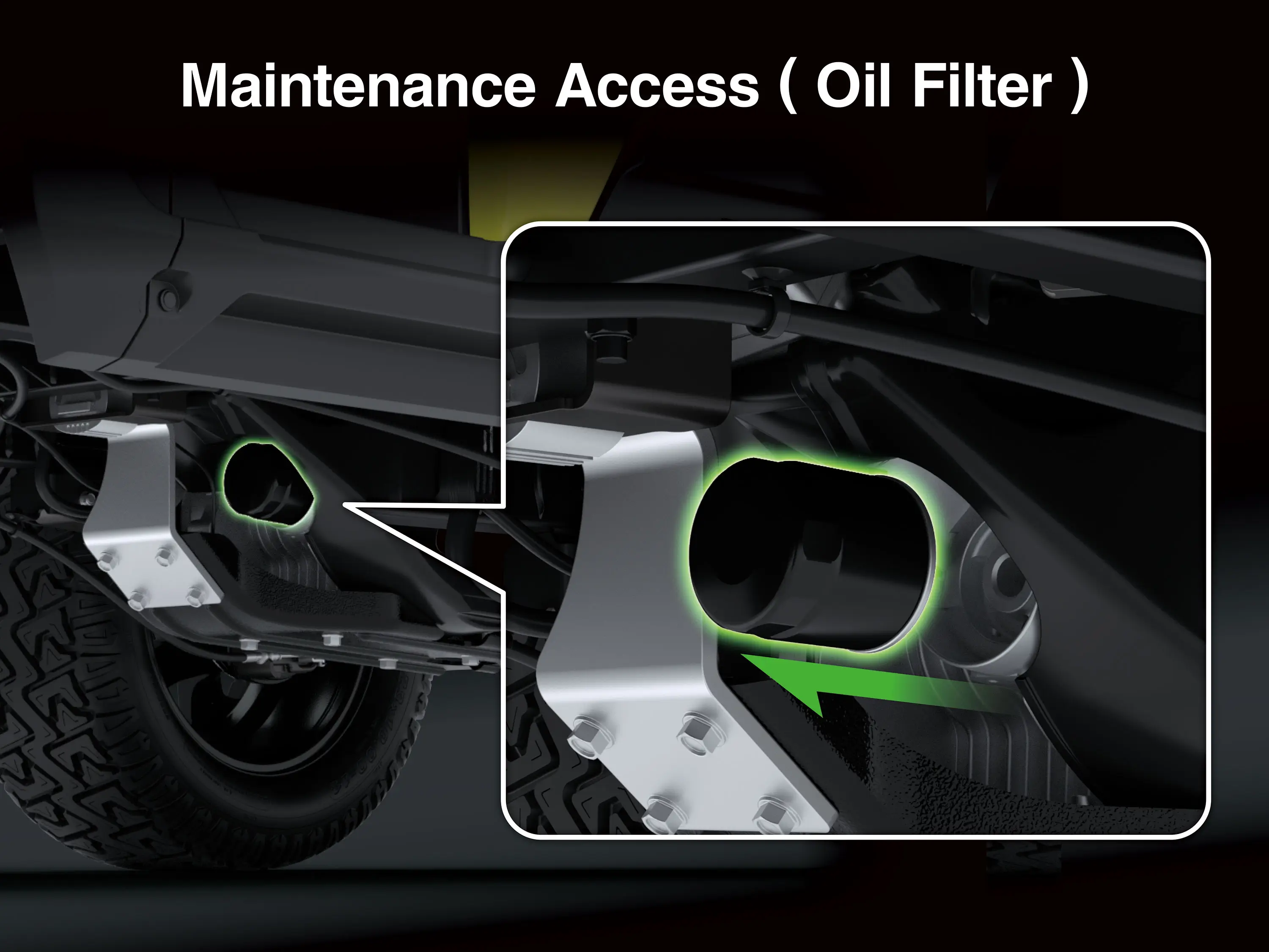 Graphic treatment showing the oil filter access of a Neighborhood Activity Vehicle.