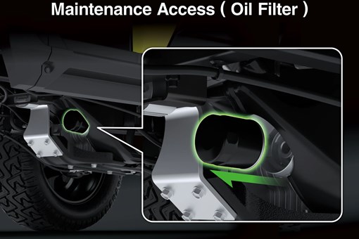 Graphic treatment showing the oil filter access of a Neighborhood Activity Vehicle. opens in a new window