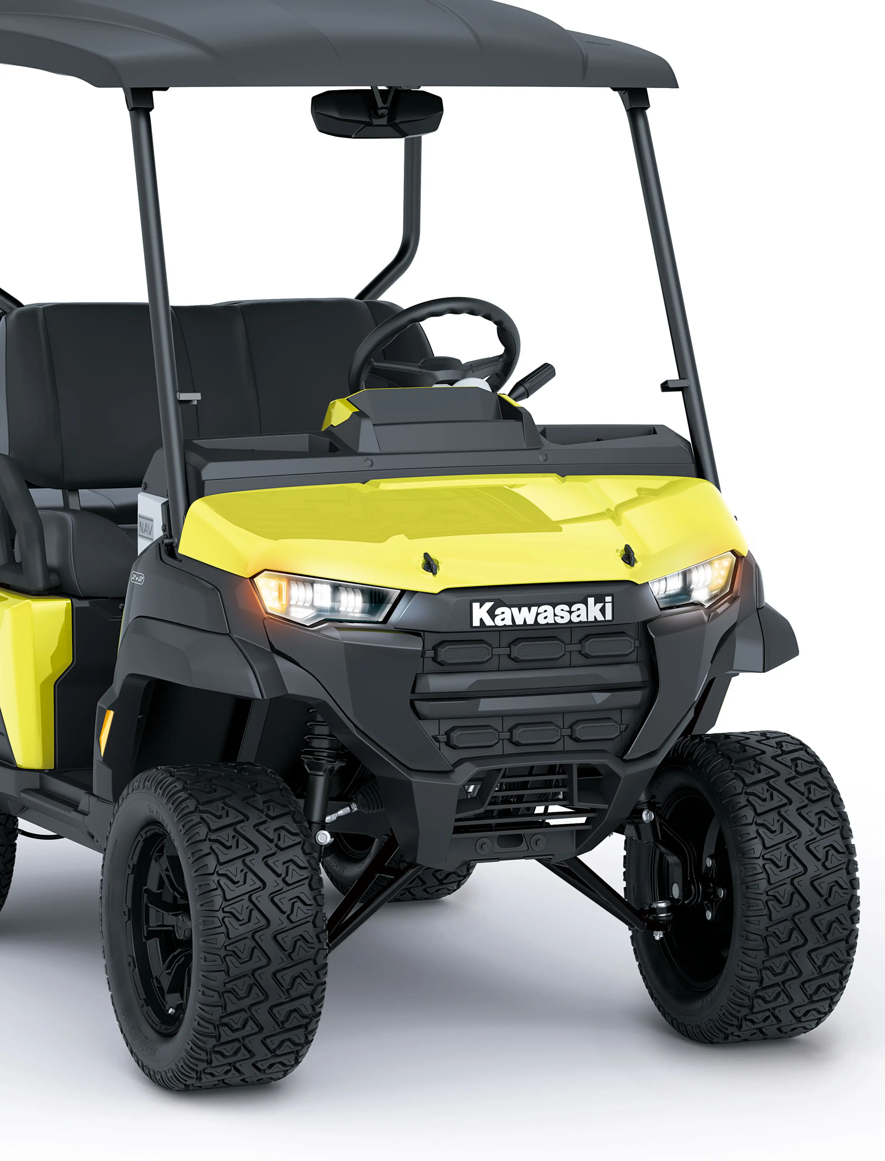 Front end of a Neighborhood Activity Vehicle in a white studio background.