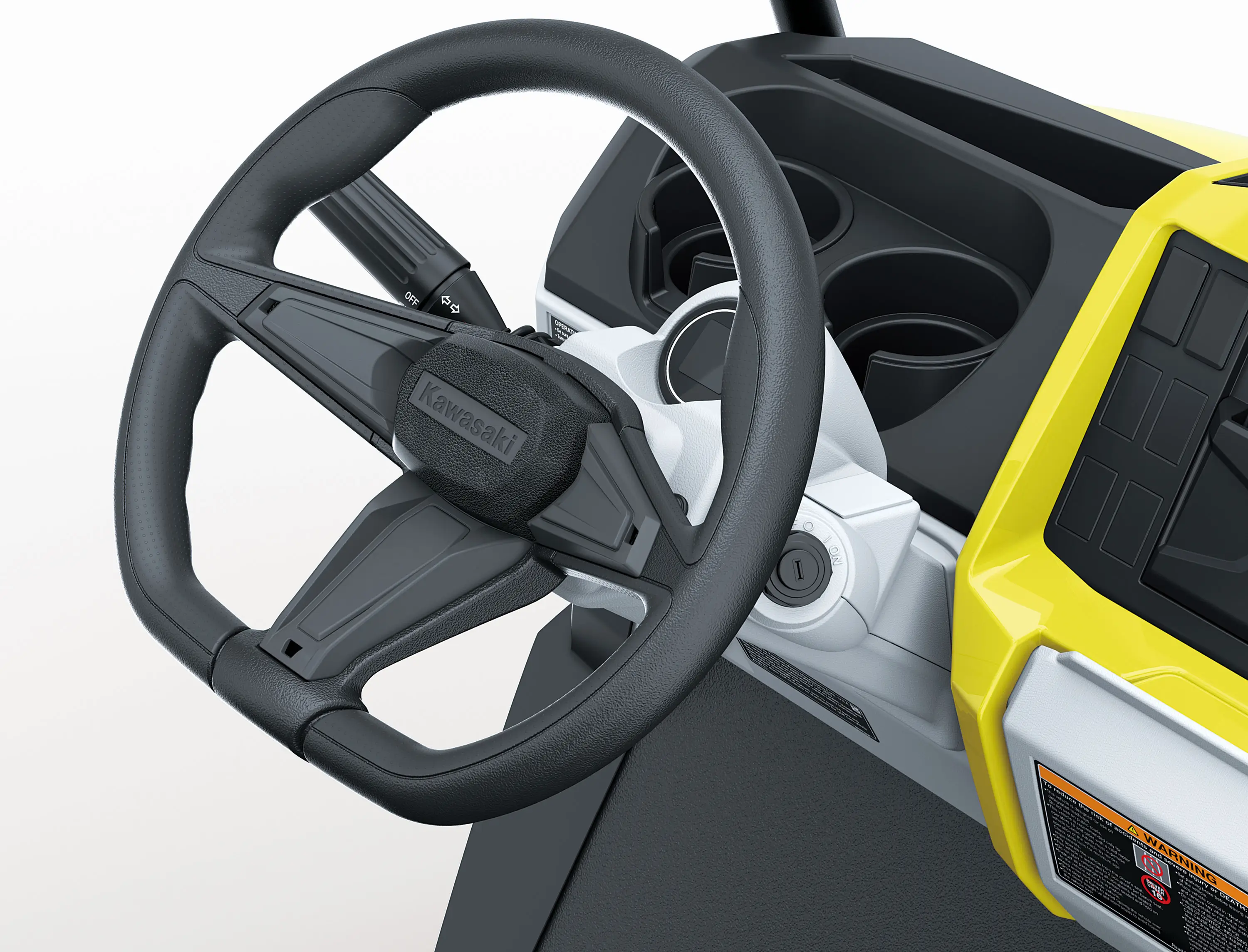 Steering wheel of Neighborhood Activity Vehicle in a white studio background.