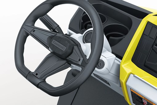 Steering wheel of Neighborhood Activity Vehicle in a white studio background. opens in a new window