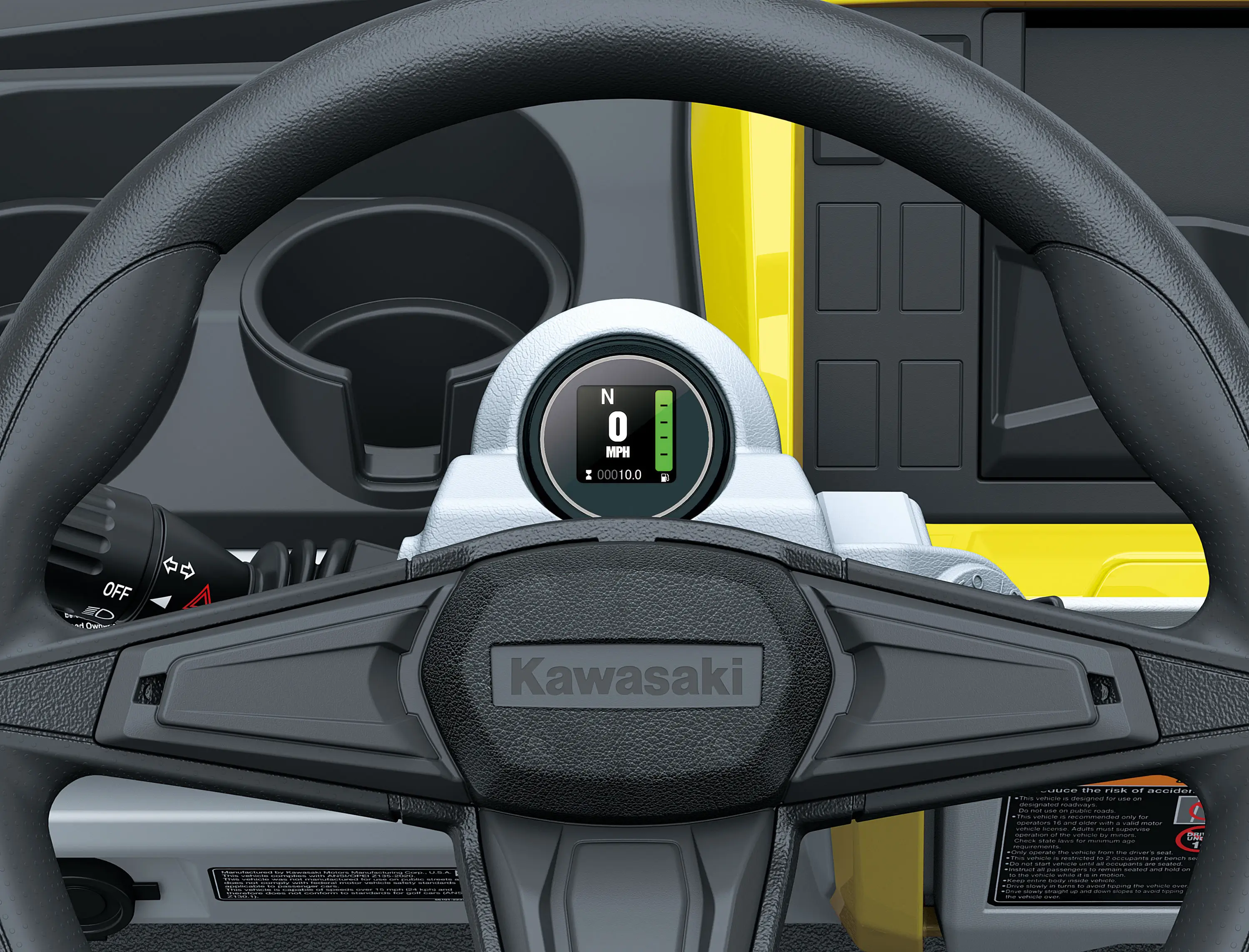 Close-up steering wheel of Neighborhood Activity Vehicle in a white studio background.
