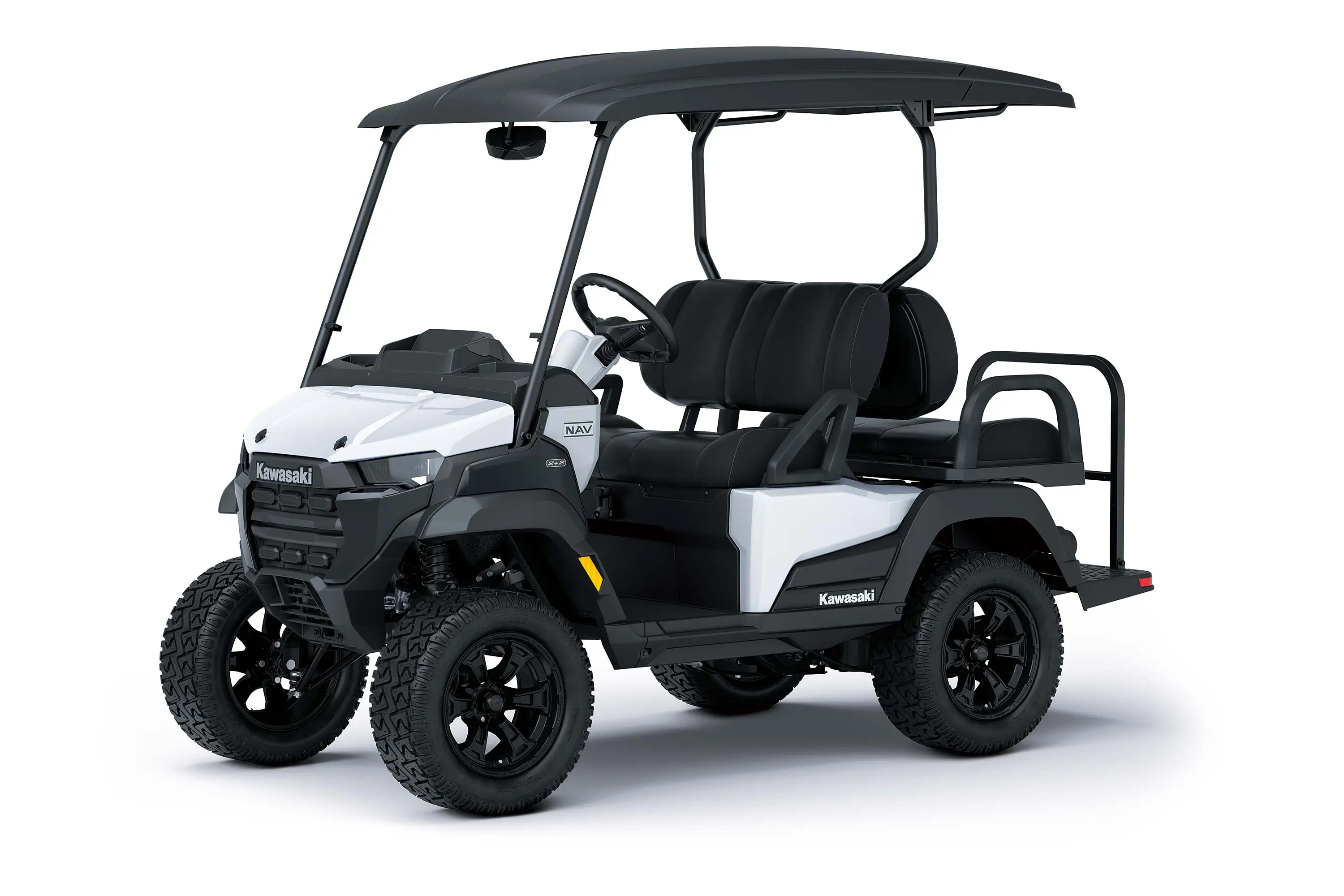 Three-quarter front angle of a white Neighborhood Activity Vehicle staged in a white studio background.