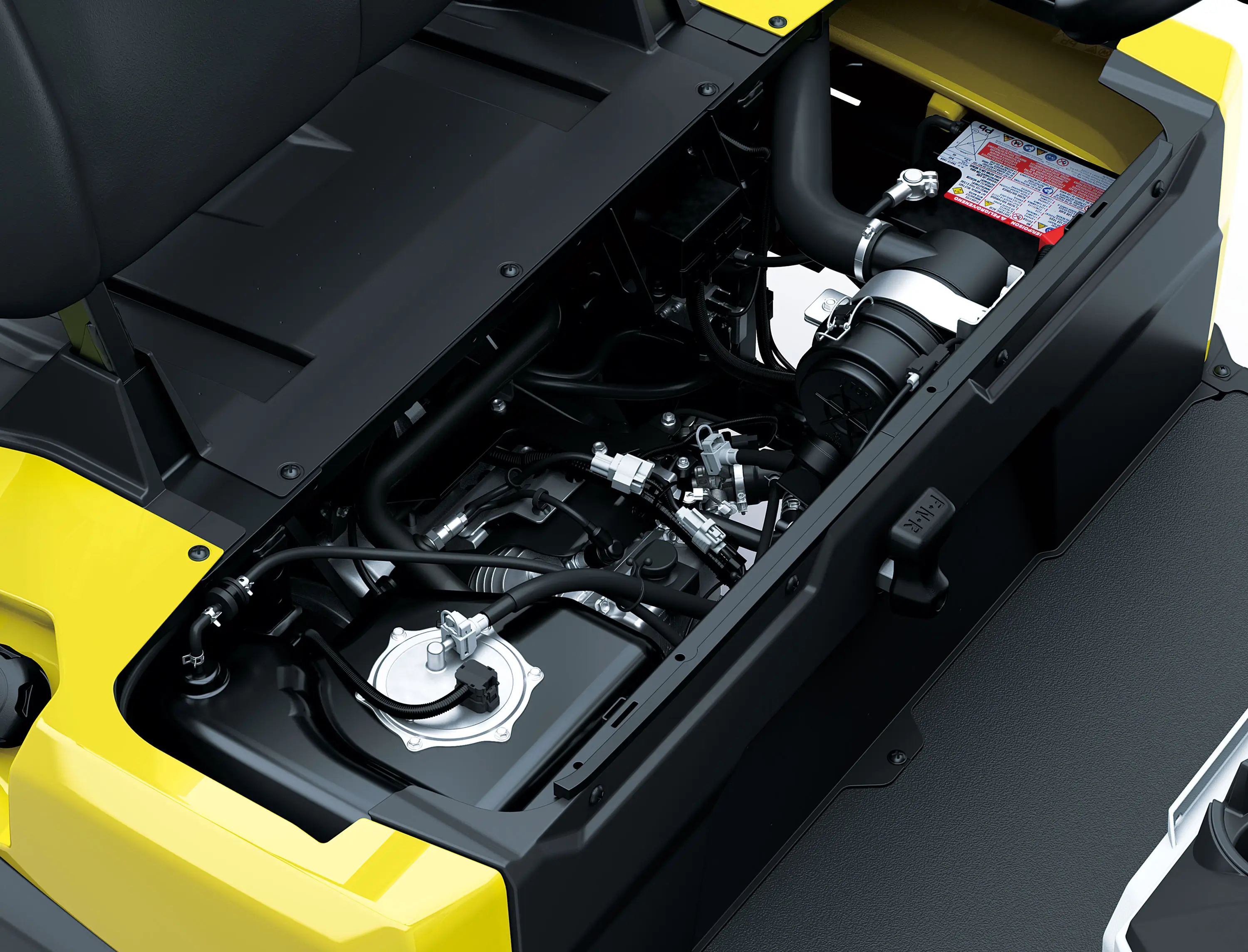 Engine access of a Neighborhood Activity Vehicle in a white studio background.