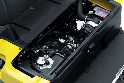 Engine access of a Neighborhood Activity Vehicle in a white studio background. opens in a new window