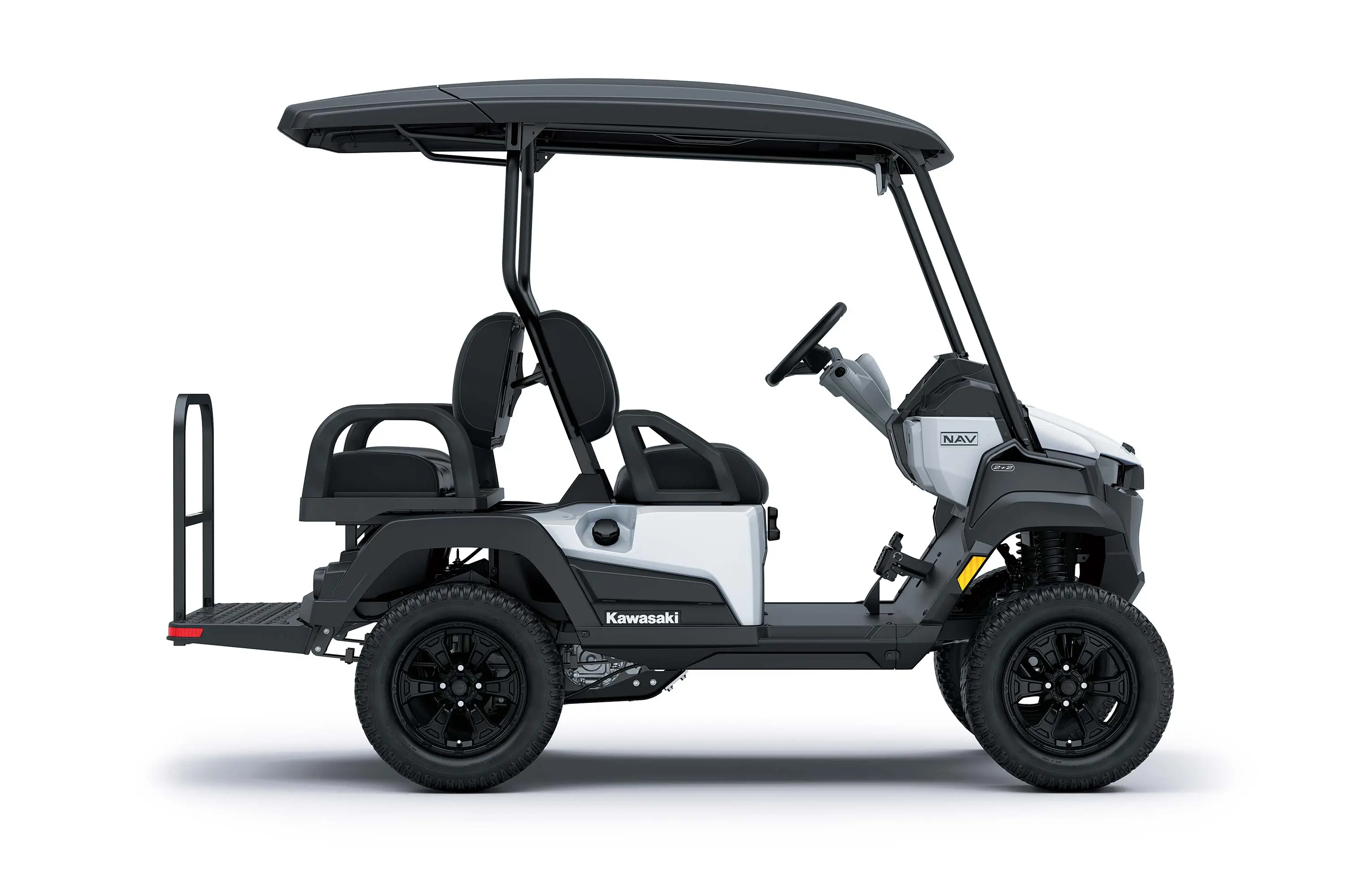 Side angle of a white Neighborhood Activity Vehicle staged in a white studio background.