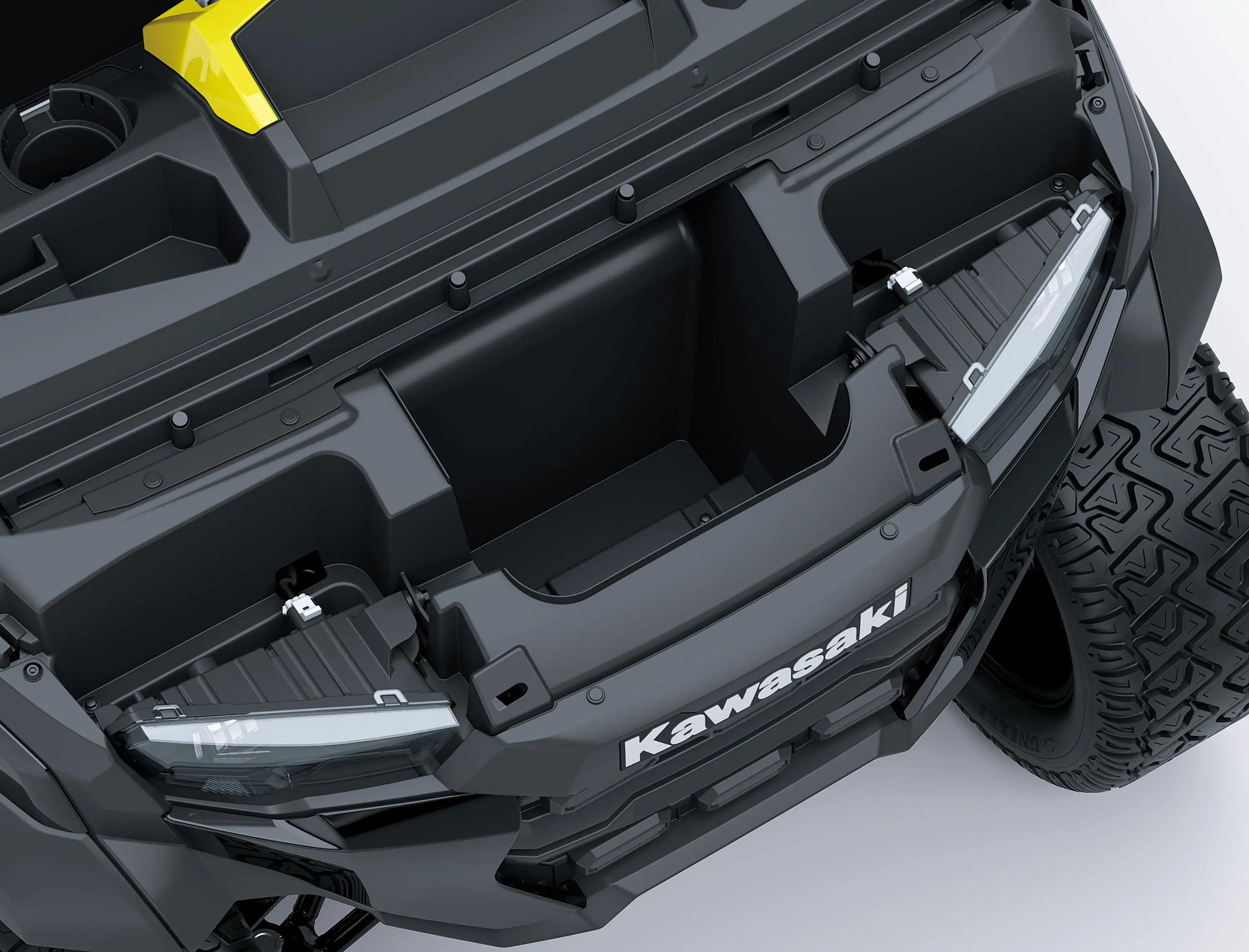 Overhead view of Neighborhood Activity Vehicle front end in a white studio background.