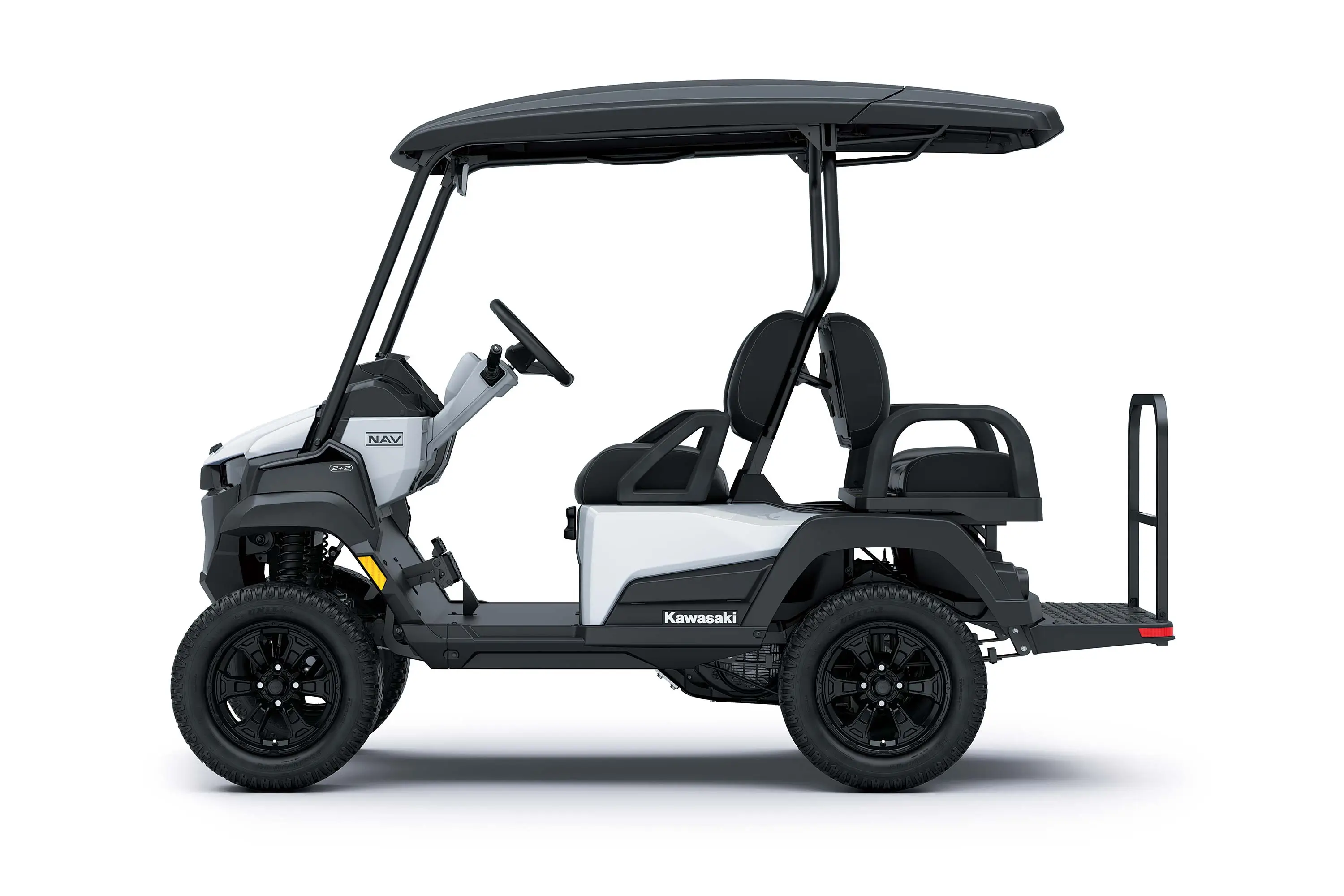 Profile angle of a white Neighborhood Activity Vehicle staged in a white studio background.