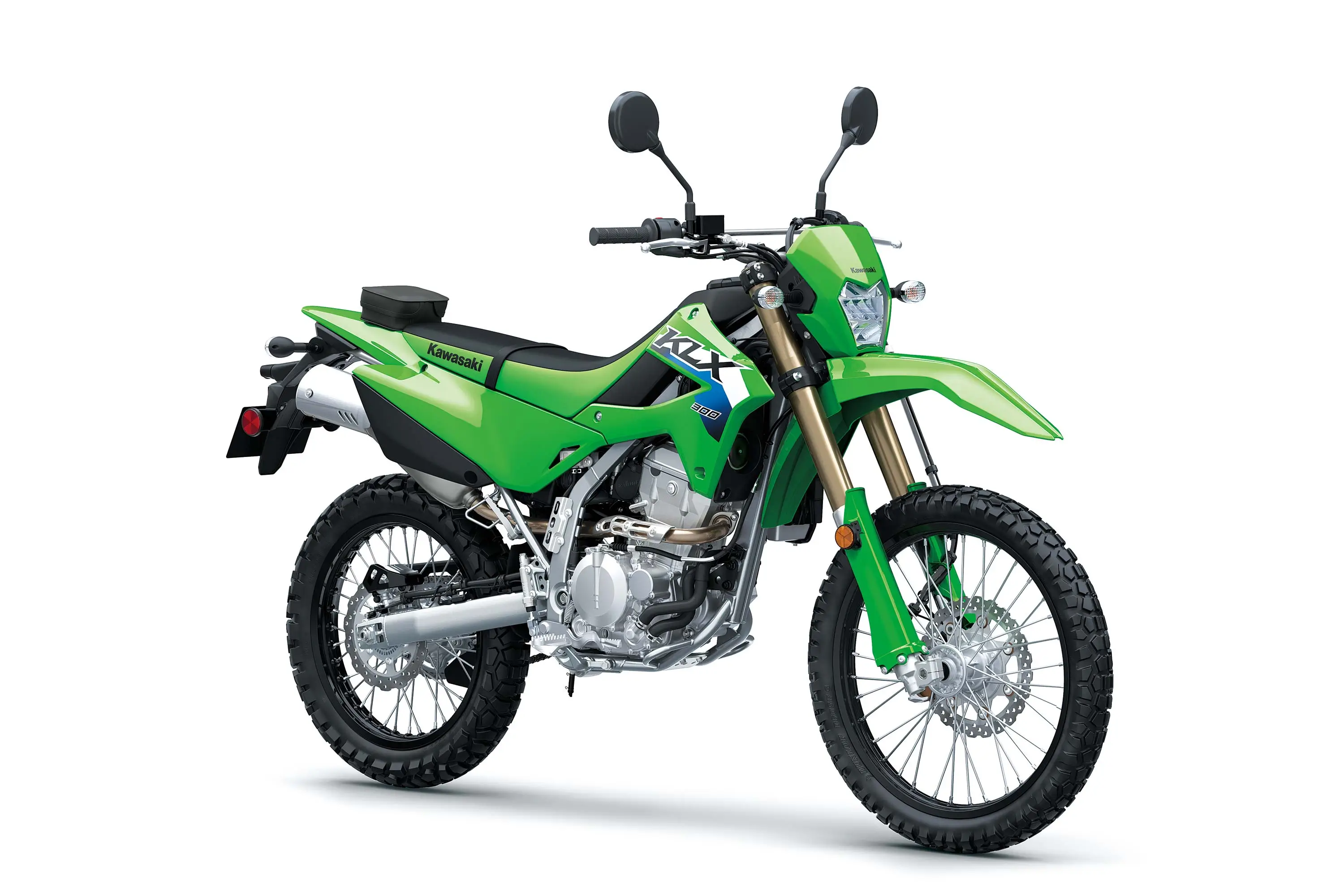 Three-quarter front angle of a green motorcycle staged in a white studio background.
