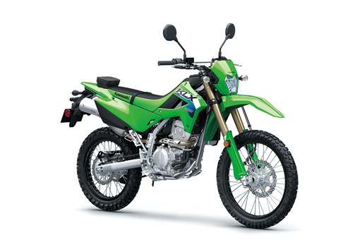 Three-quarter front angle of a green motorcycle staged in a white studio background. opens in a new window