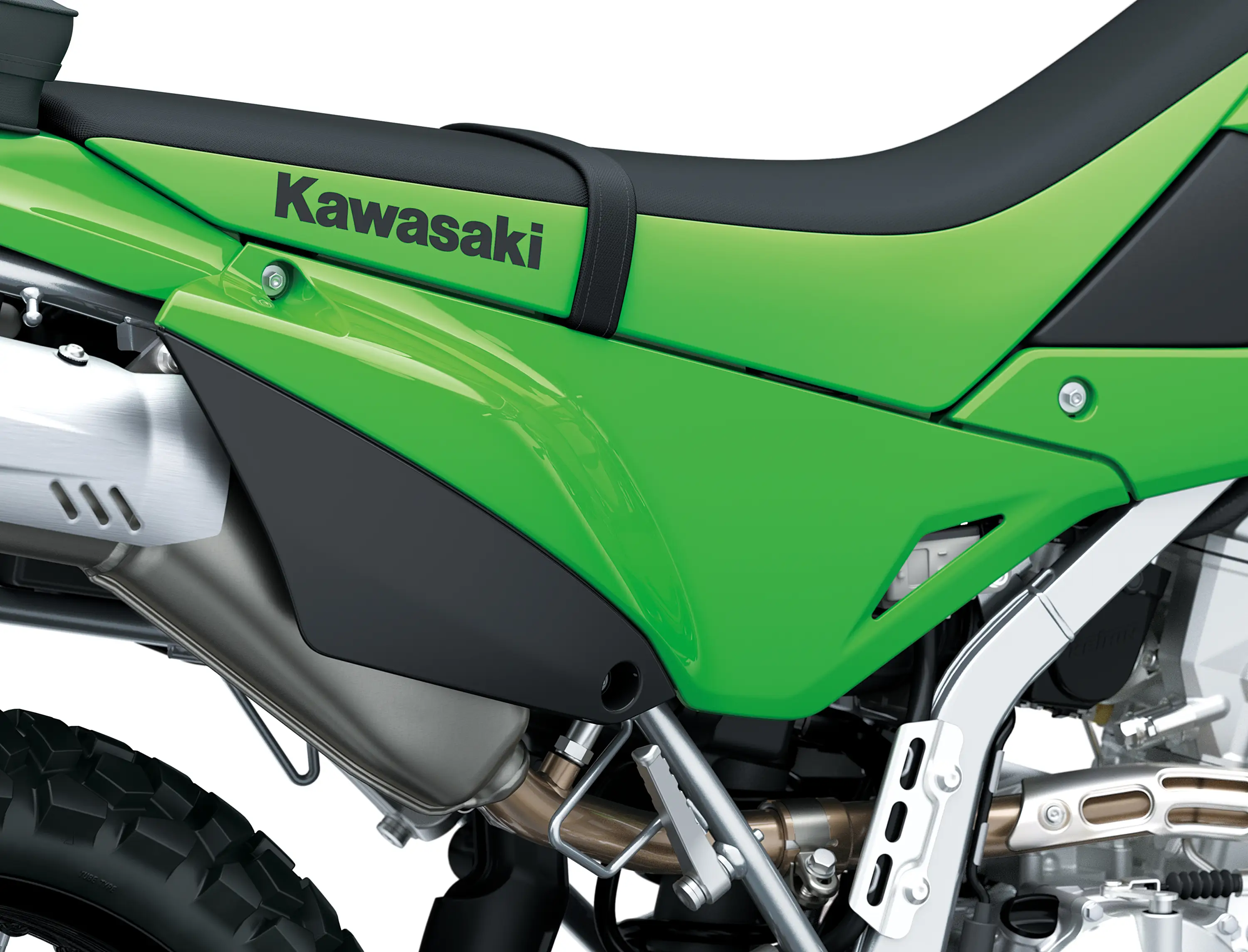 Side of seat of a motorcycle staged in a white studio background.
