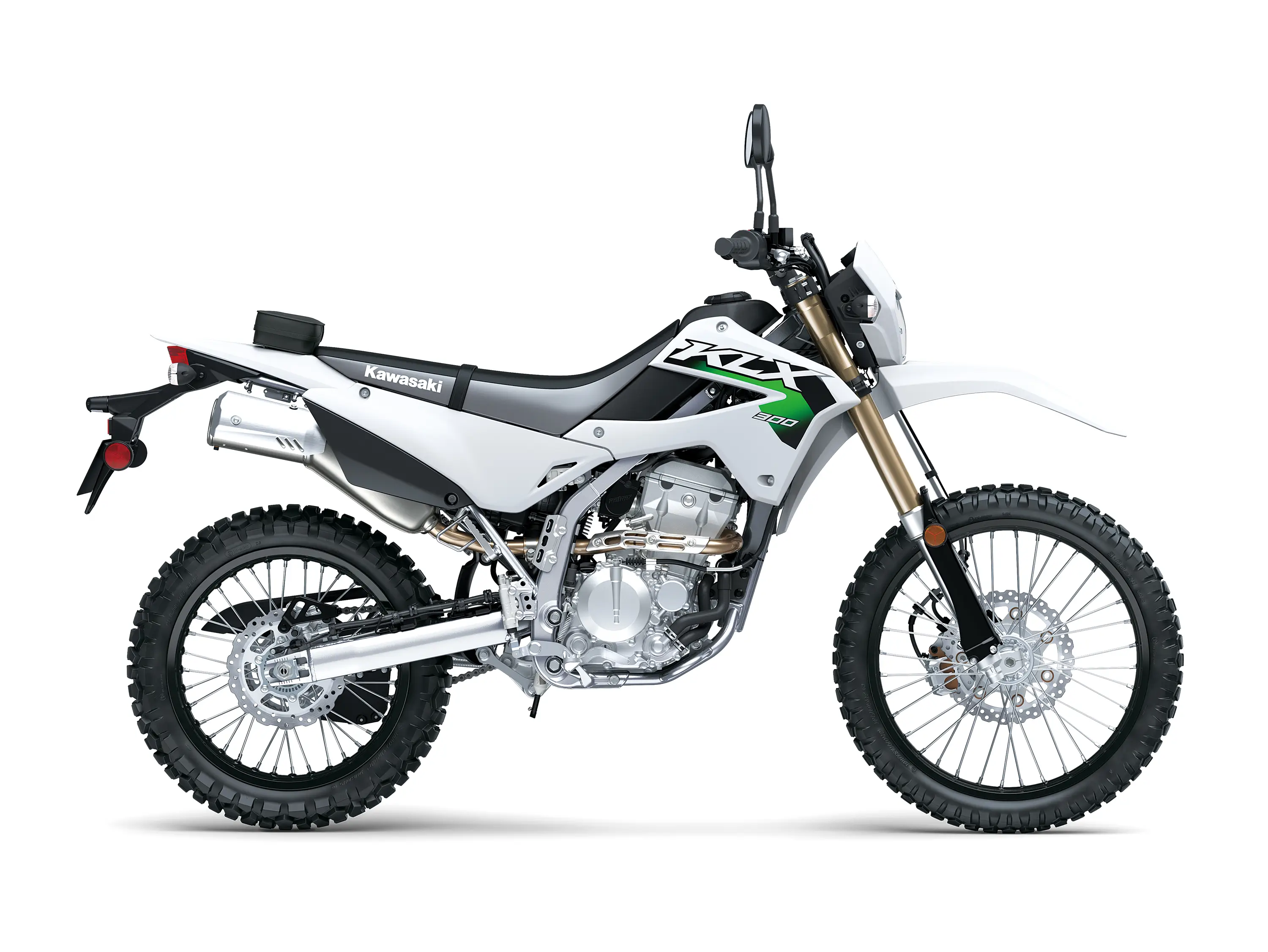 Side angle of a white motorcycle staged in a white studio background.