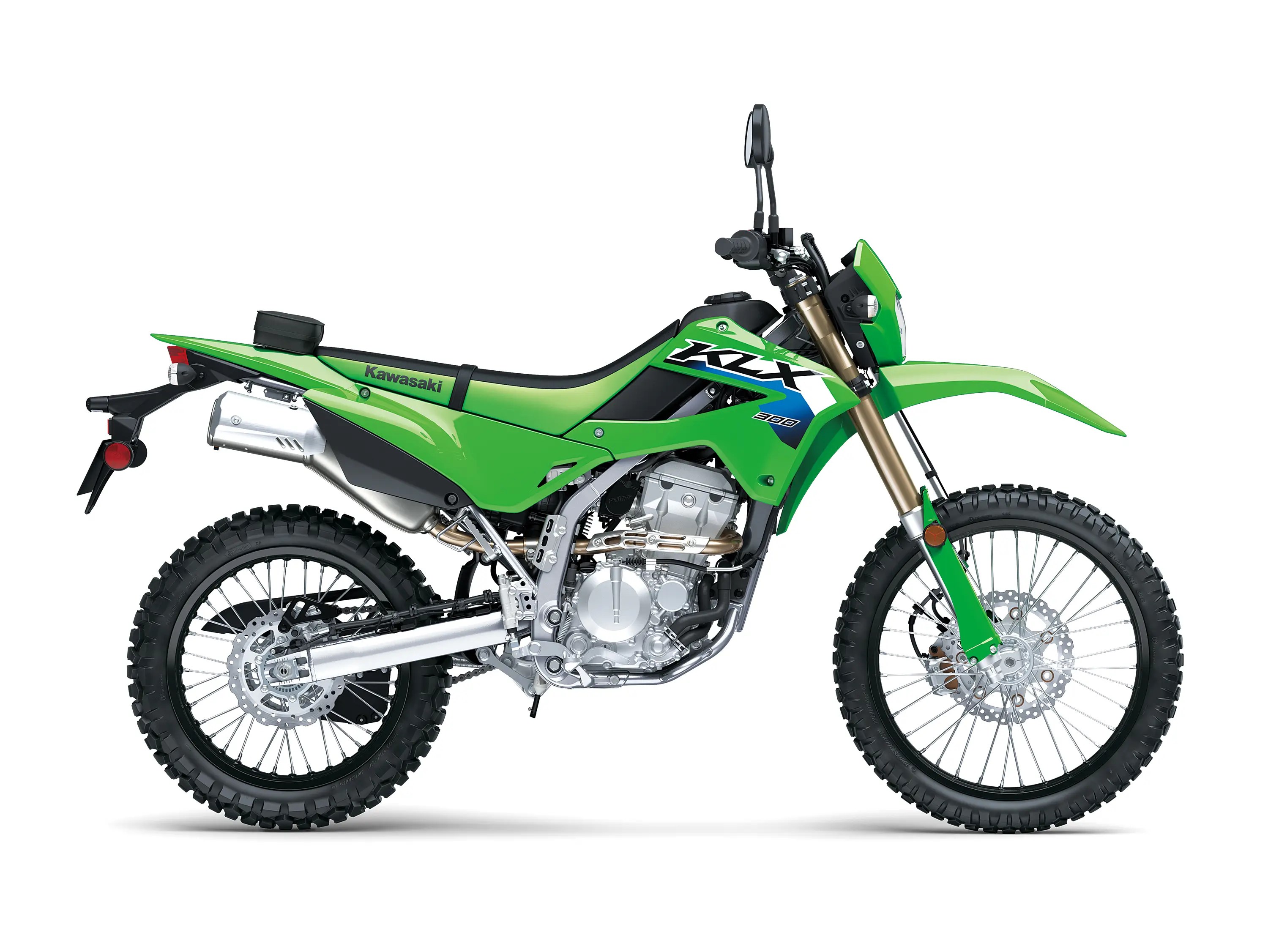 Profile angle of a green motorcycle staged in a white studio background.