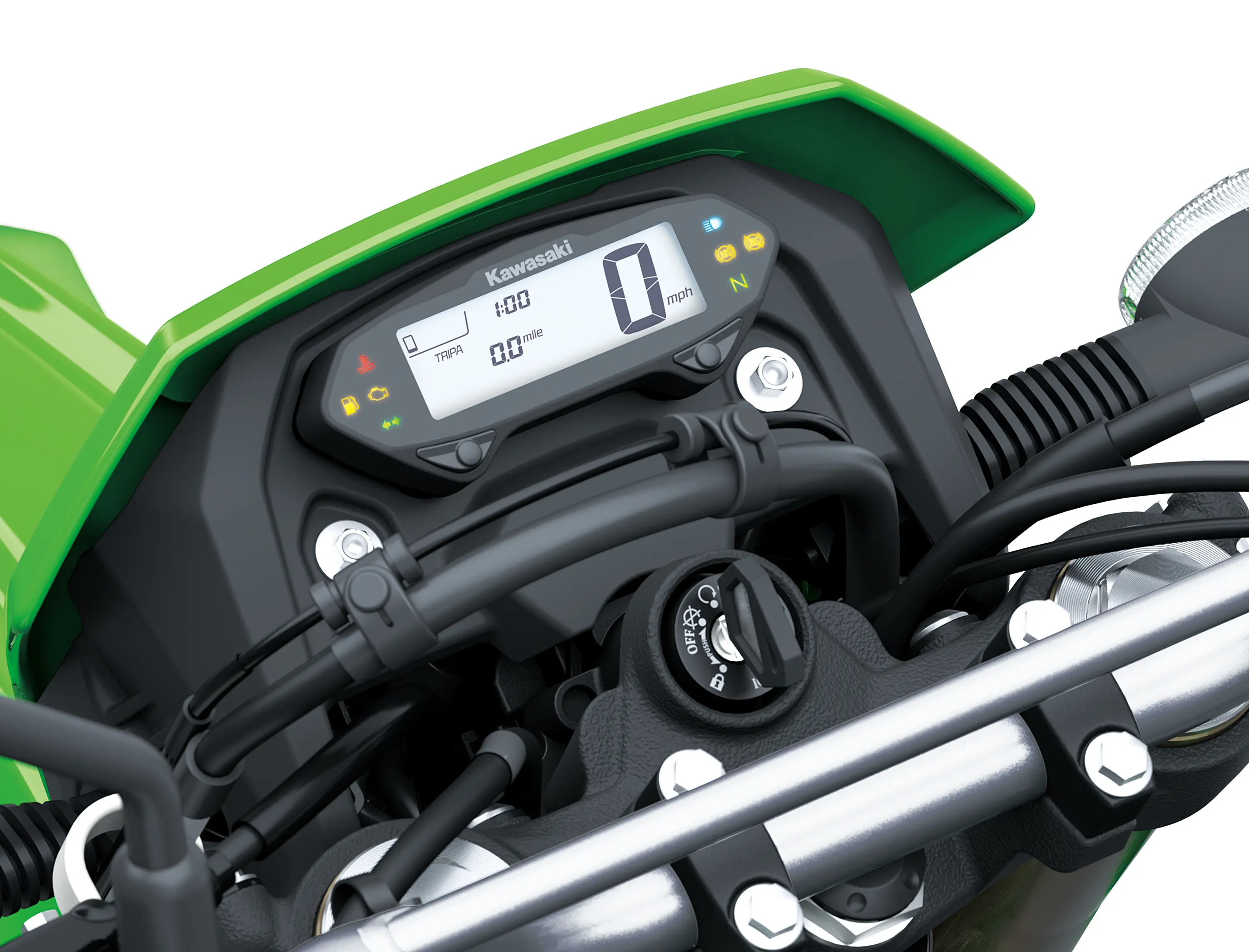 TFT screen of a motorcycle staged in a white studio background.