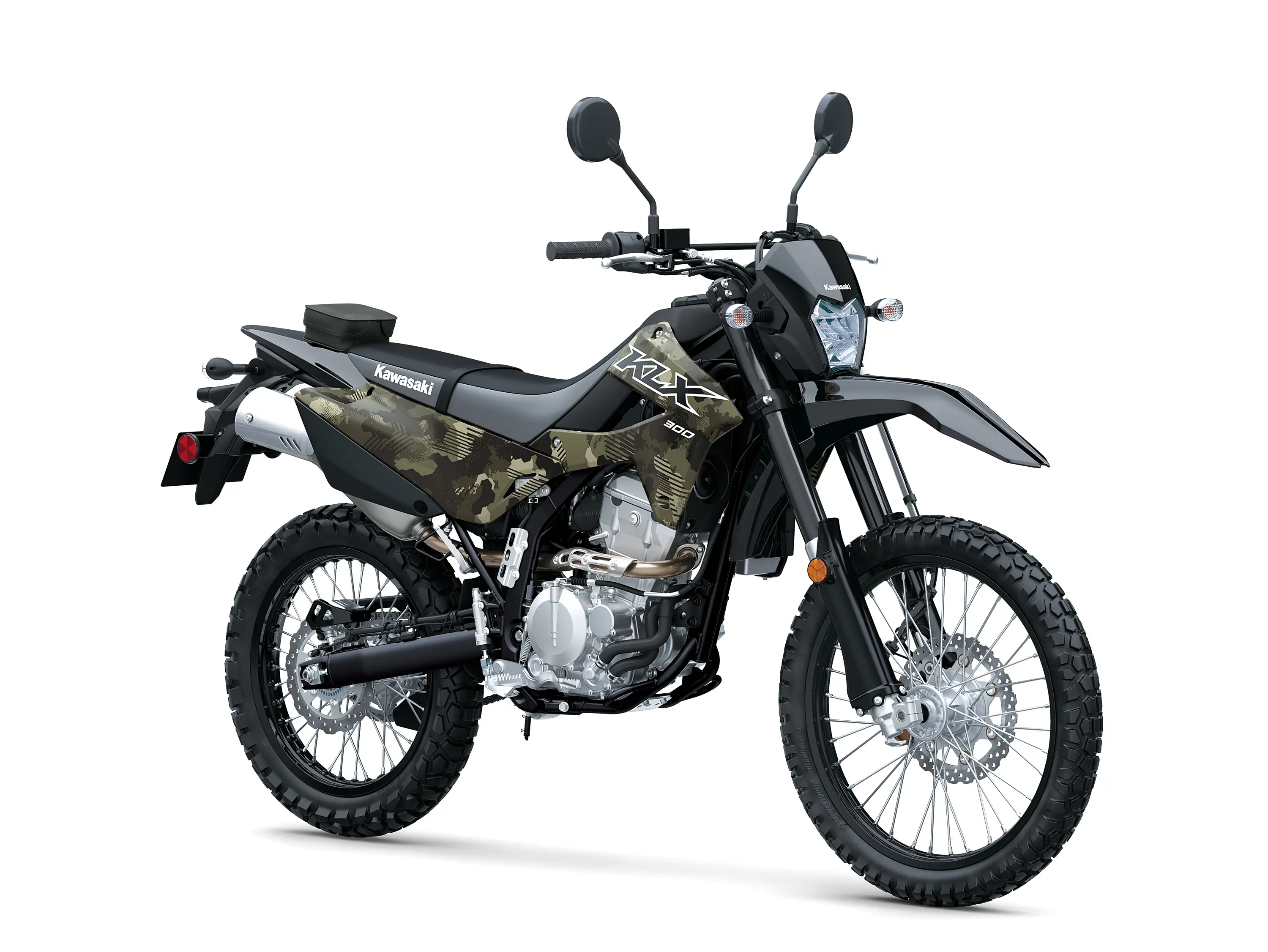Three-quarter front angle of a motorcycle staged in a white studio background.