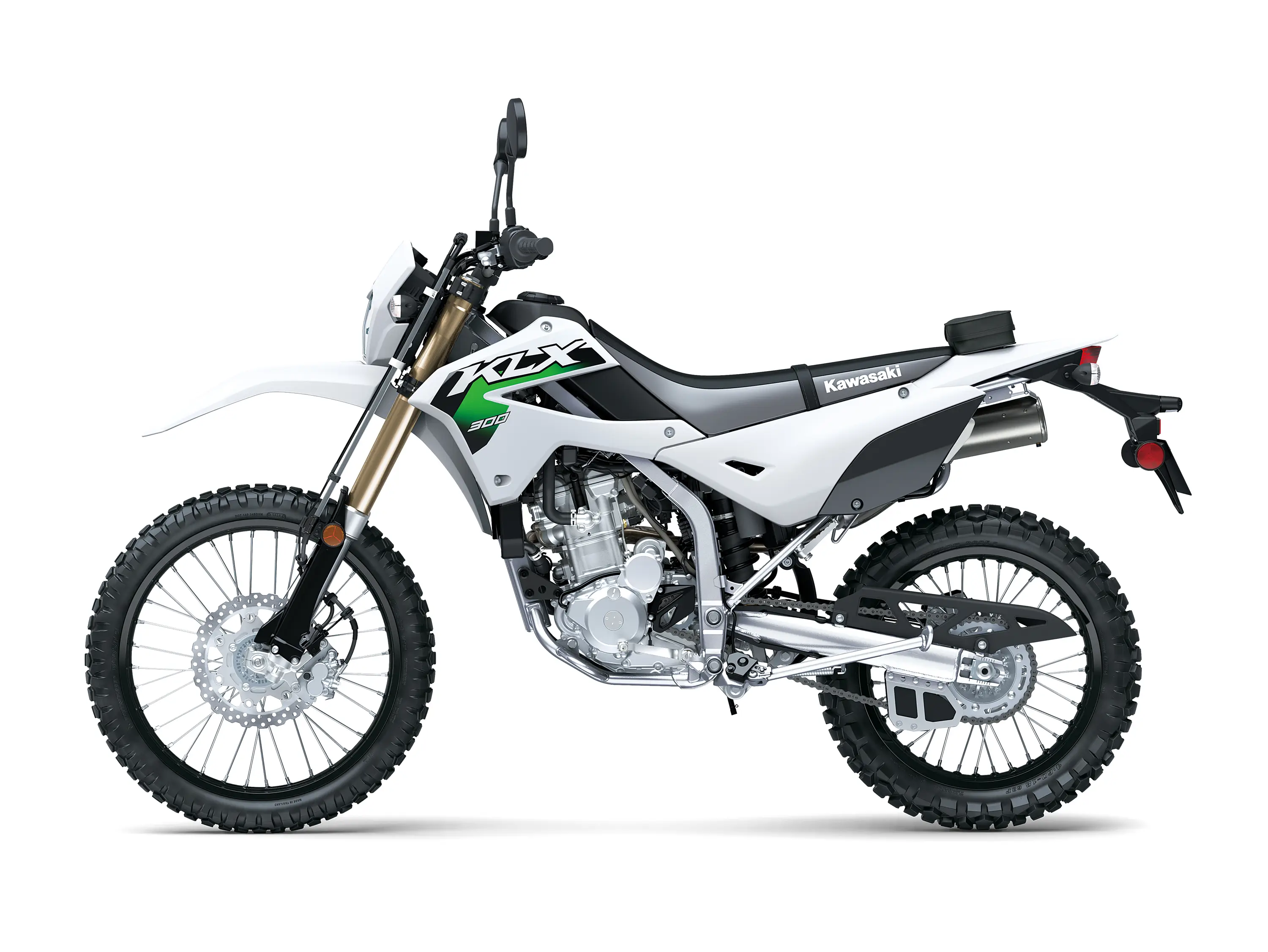 Profile angle of a white motorcycle staged in a white studio background.