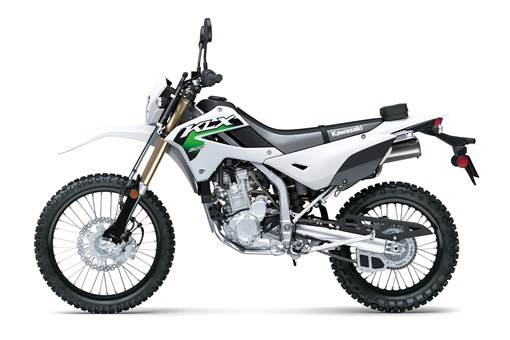 Profile angle of a white motorcycle staged in a white studio background. opens in a new window