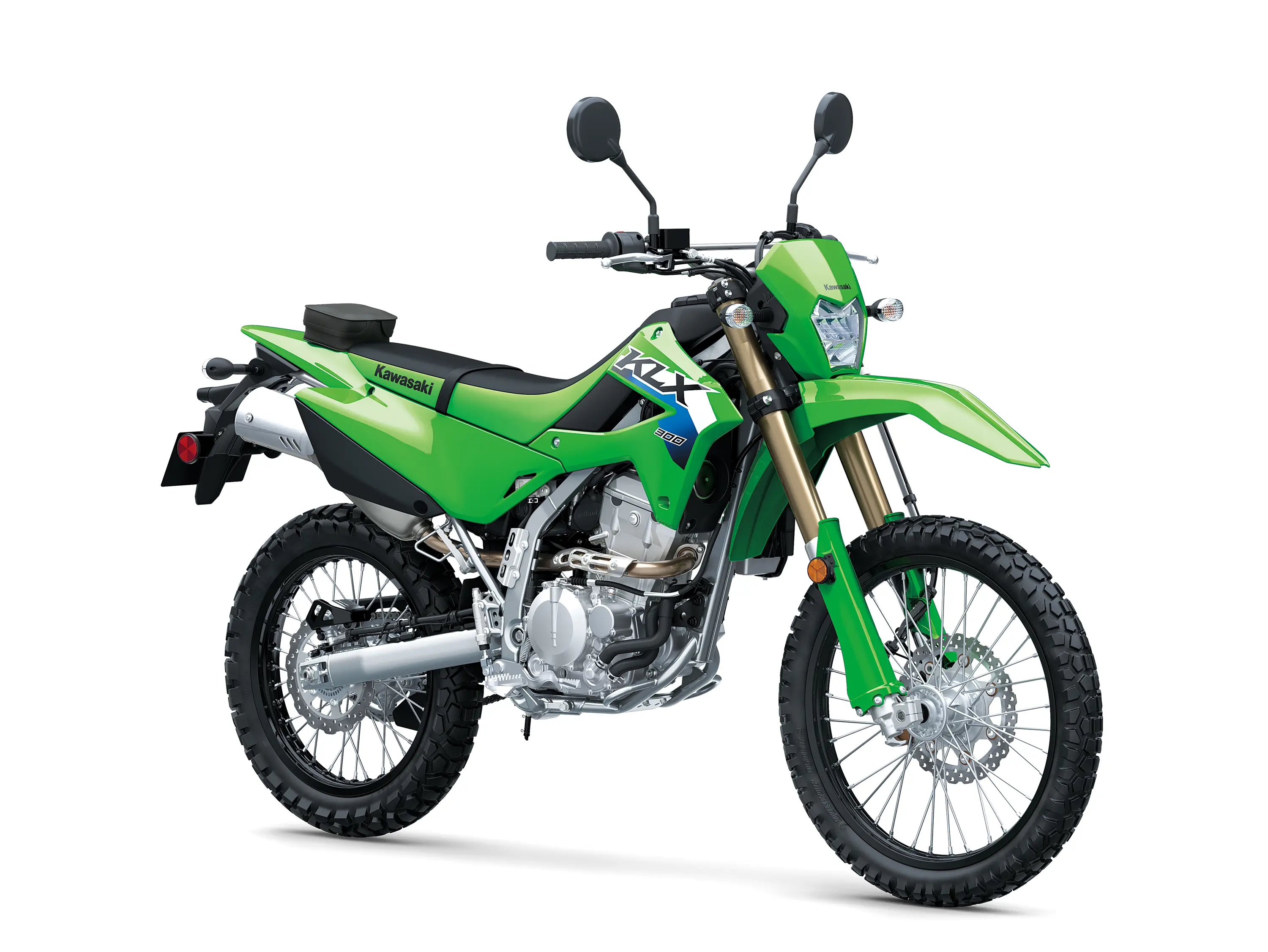 Three-quarter front angle of a green motorcycle staged in a white studio background.