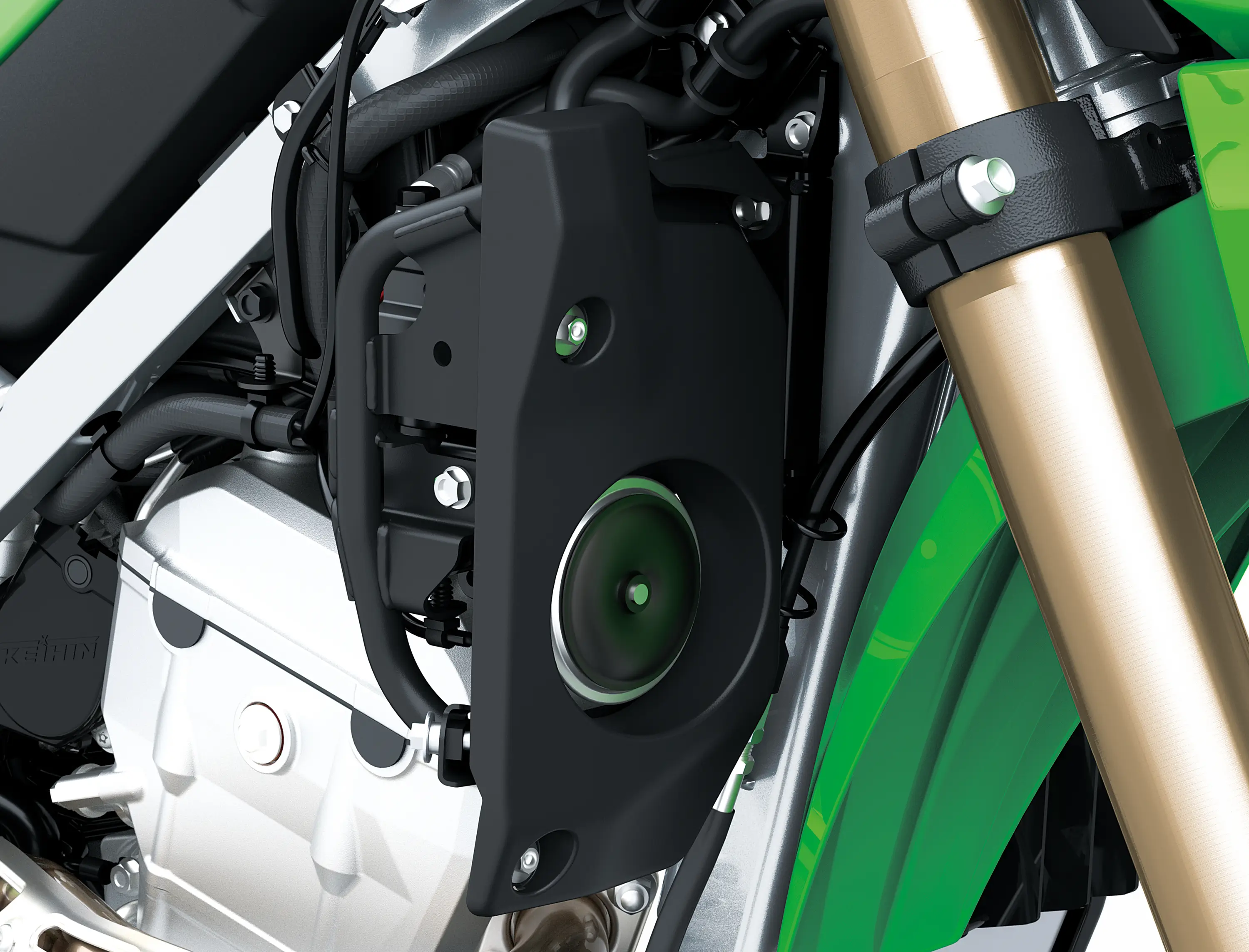 Closeup detail of a motorcycle staged in a white studio background.