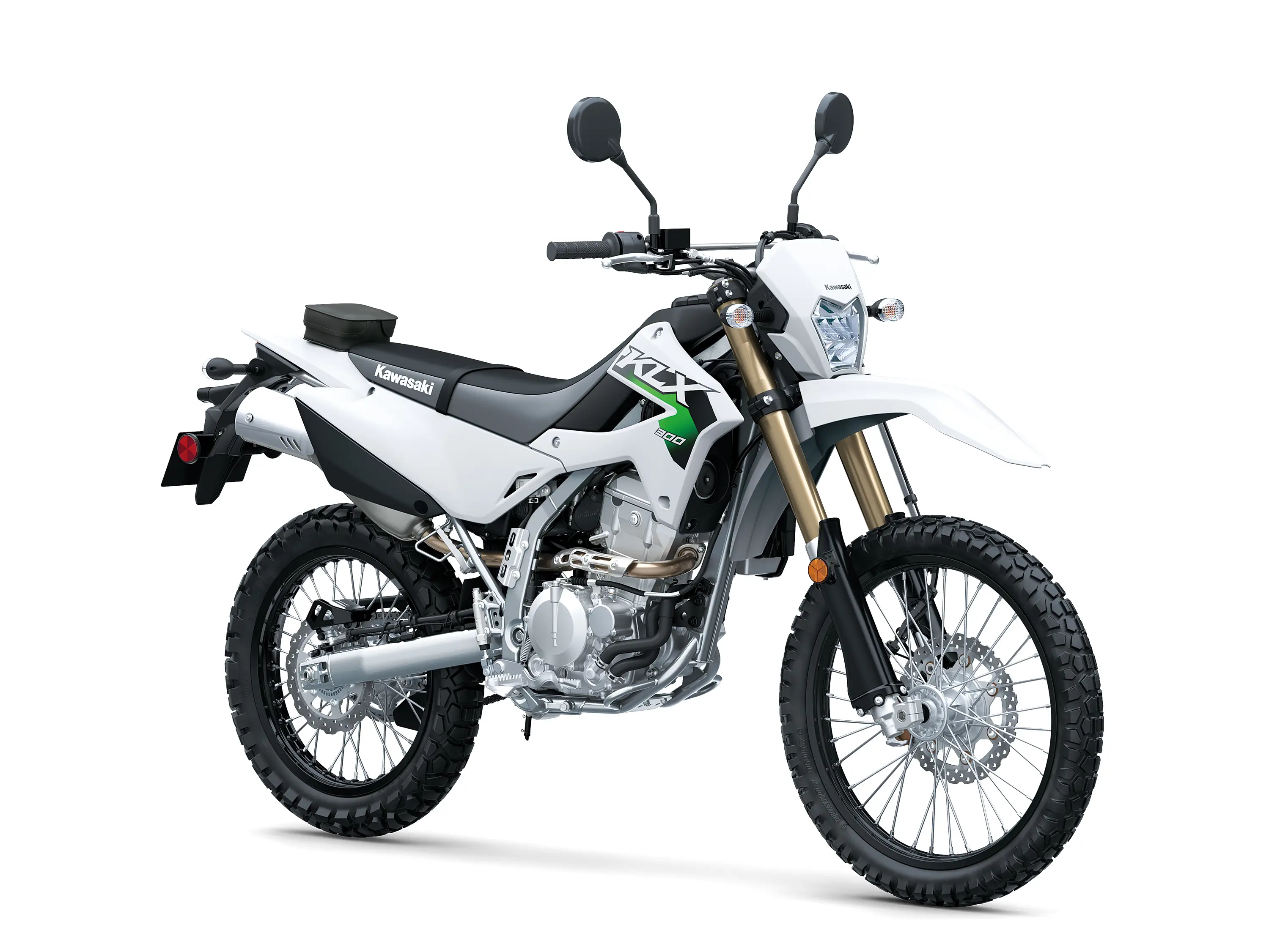 Three-quarter front angle of a white motorcycle staged in a white studio background.